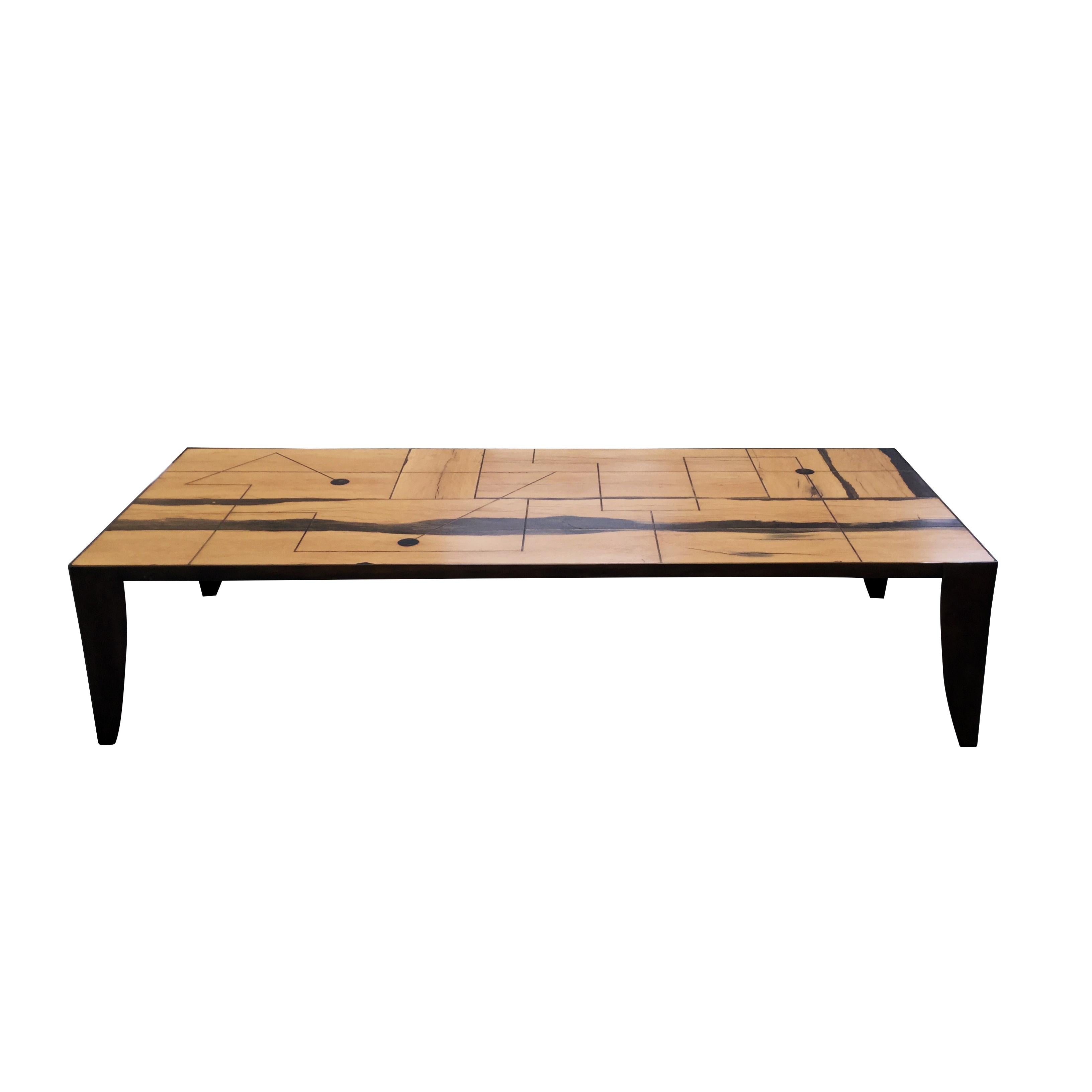 Coffee Table, Antique Tropical Wood, Brass Frame Cast Bronze Legs For Sale