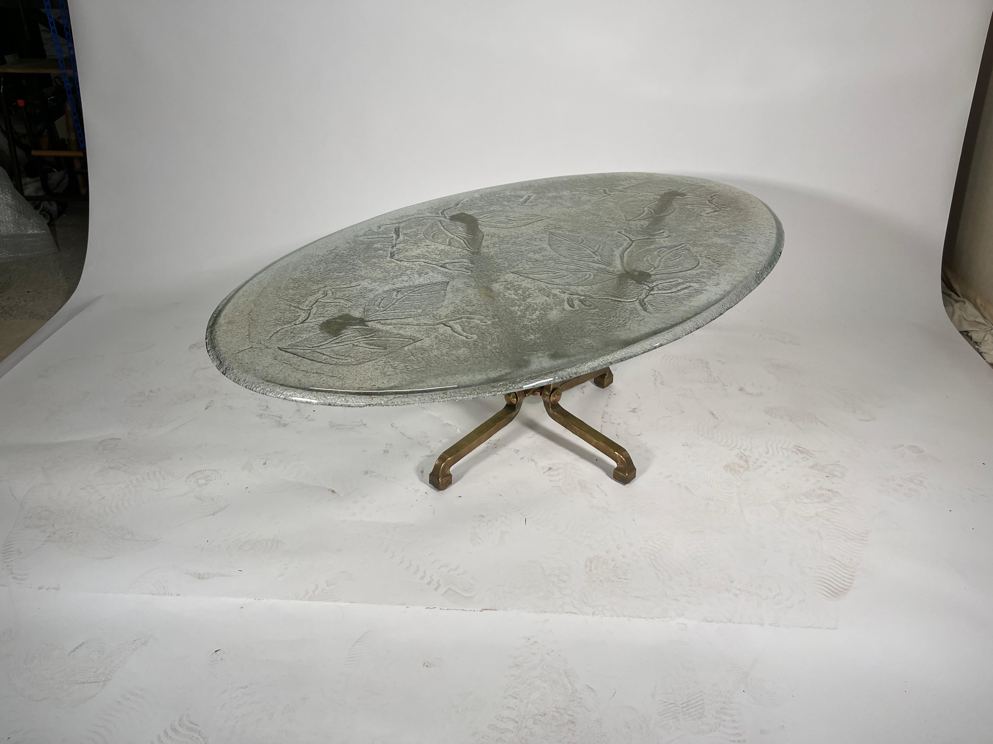 Mid-Century Modern Coffee Table Att. to Lothar Klute with Leaf Decor Top Glass
