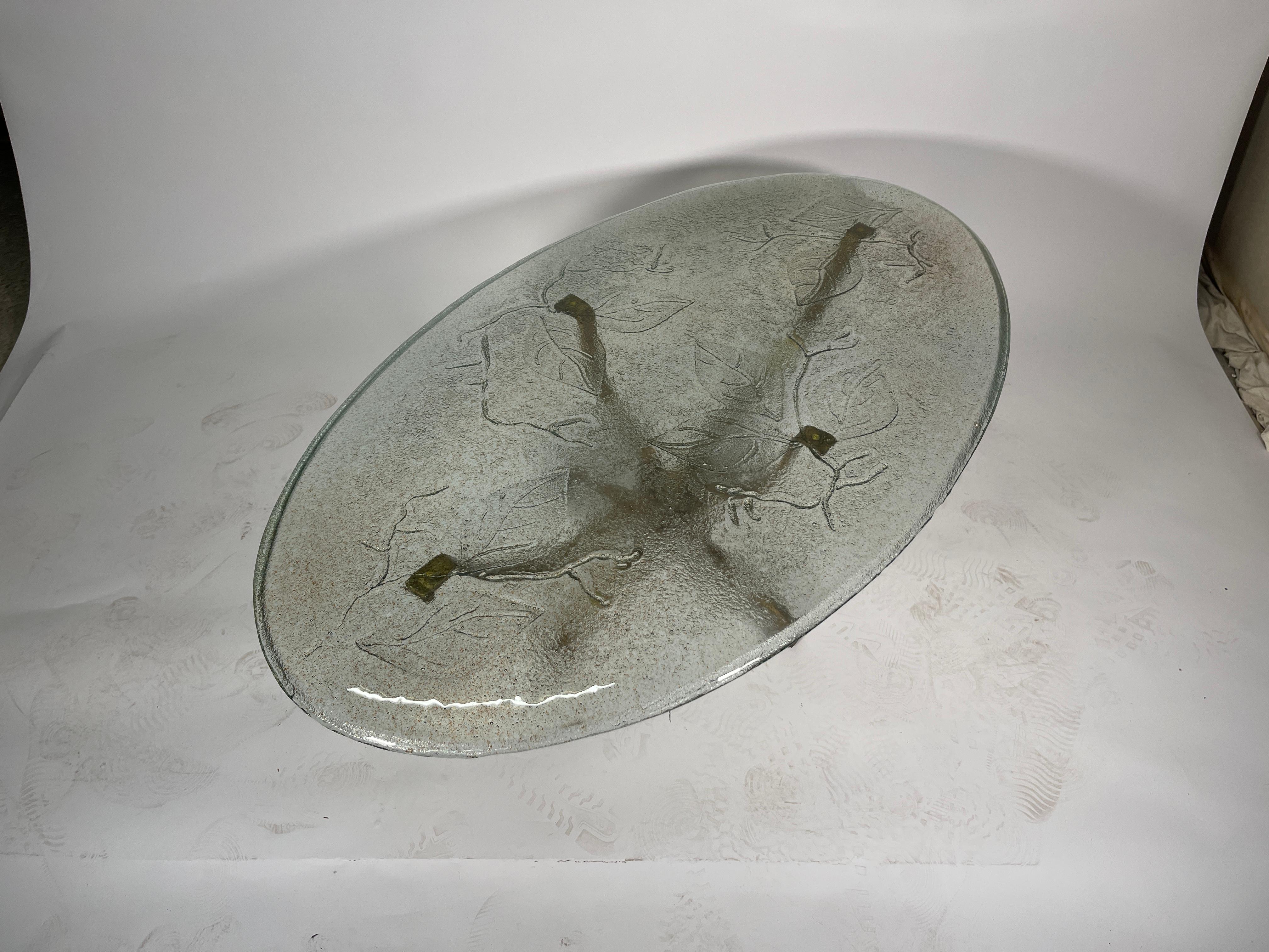 German Coffee Table Att. to Lothar Klute with Leaf Decor Top Glass
