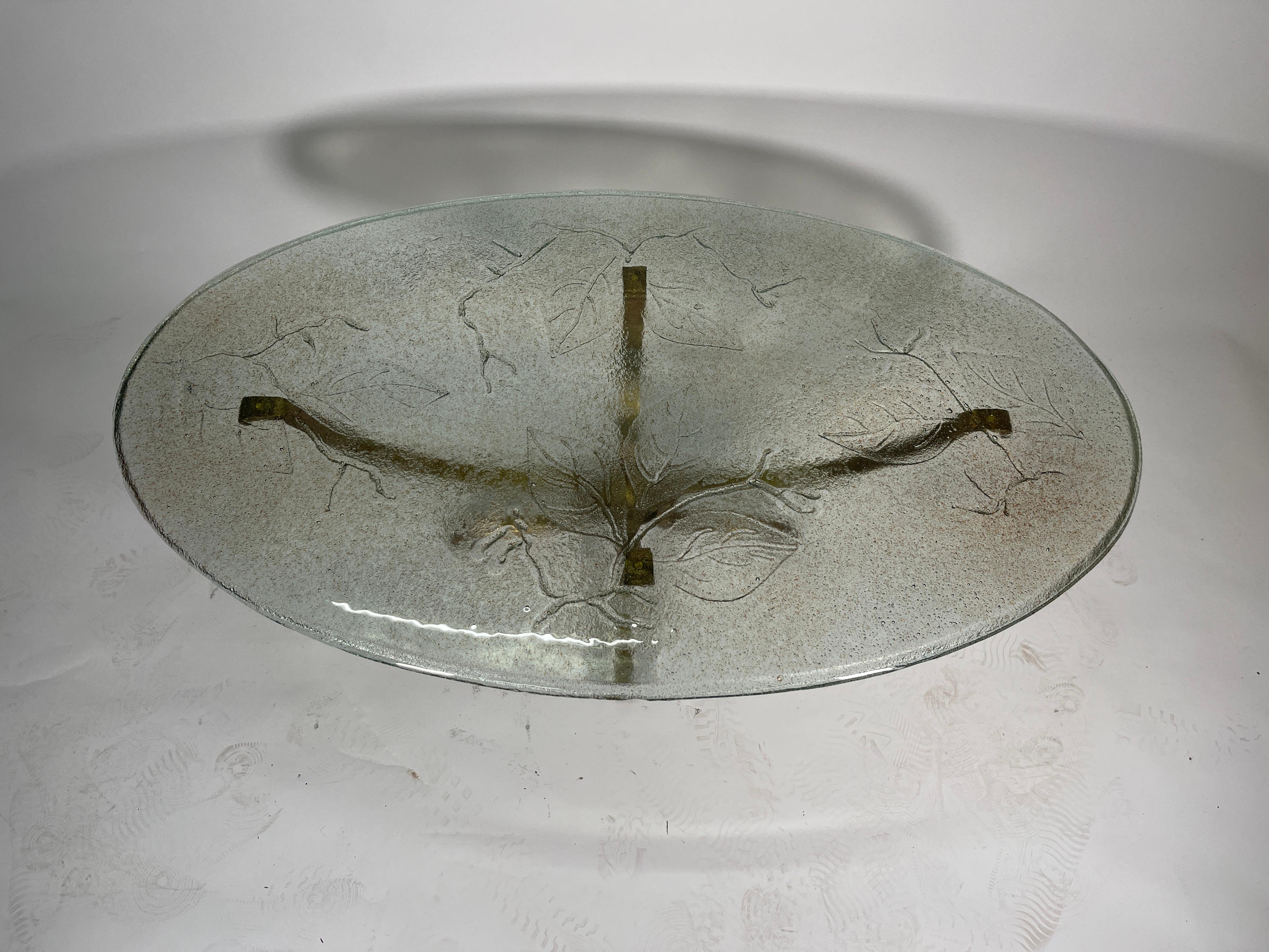 Coffee Table Att. to Lothar Klute with Leaf Decor Top Glass In Good Condition In Brussels, BE
