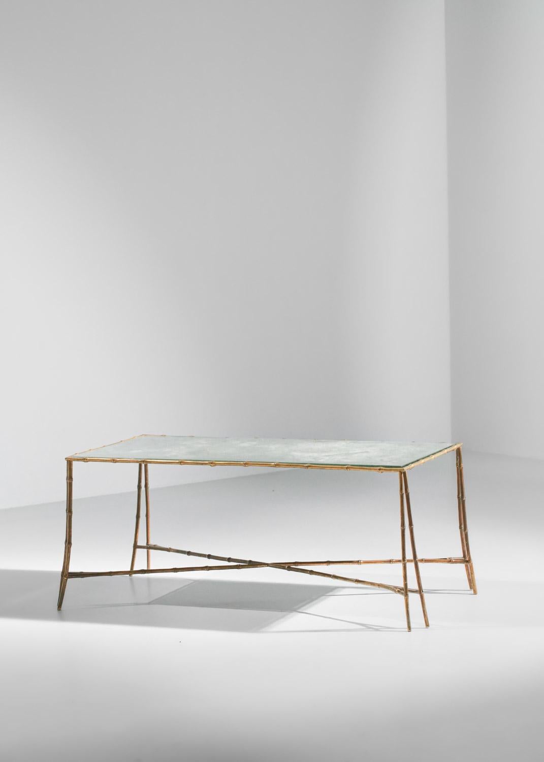 coffee table attributed to Maison Baguès from the 1950s in bronze and mirrored g In Fair Condition For Sale In Ternay, Auvergne-Rhône-Alpes