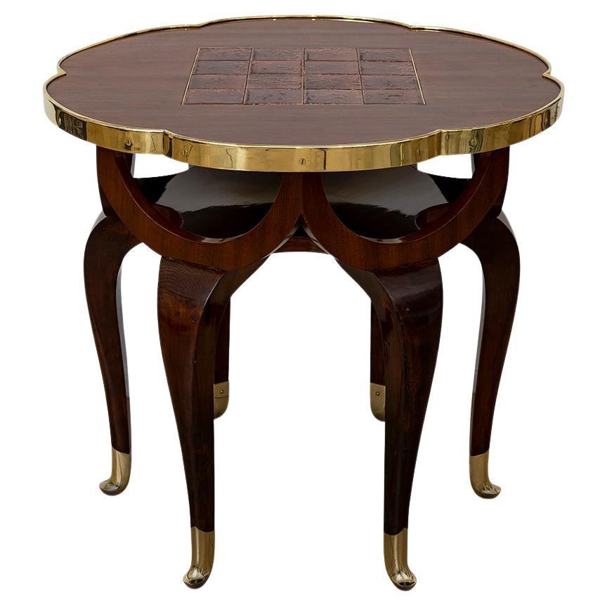 Table basse autrichienne Jugendstil carreaux de céramique en bois courbé et laiton, vers 1910