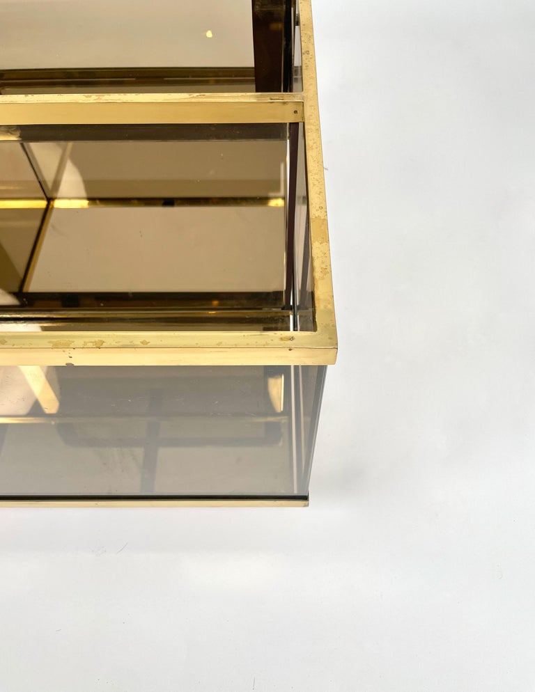 Coffee Table Bar Cart in Brass, Smoked Glass and Mirror, Italy 1970s For Sale 5