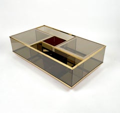 Coffee Table Bar Cart in Brass, Smoked Glass and Mirror, Italy 1970s