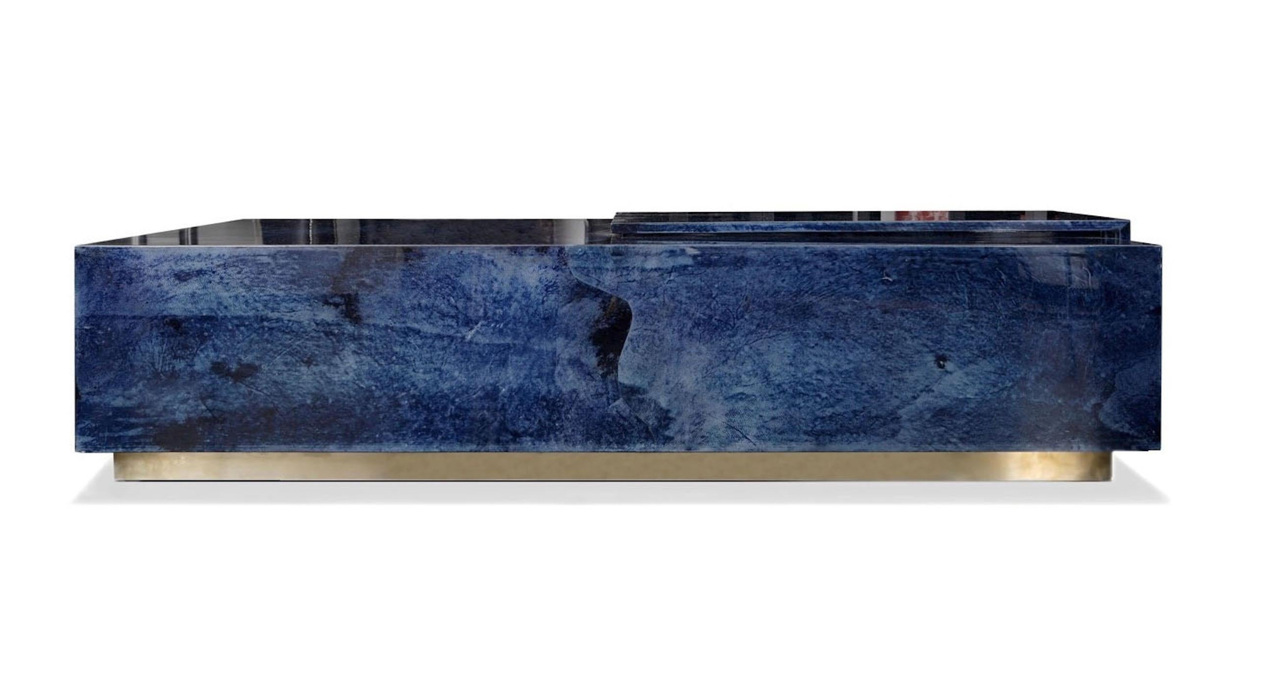 Mid-Century Modern Coffee Table Bar in Lapis Blue Parchment Goatskin