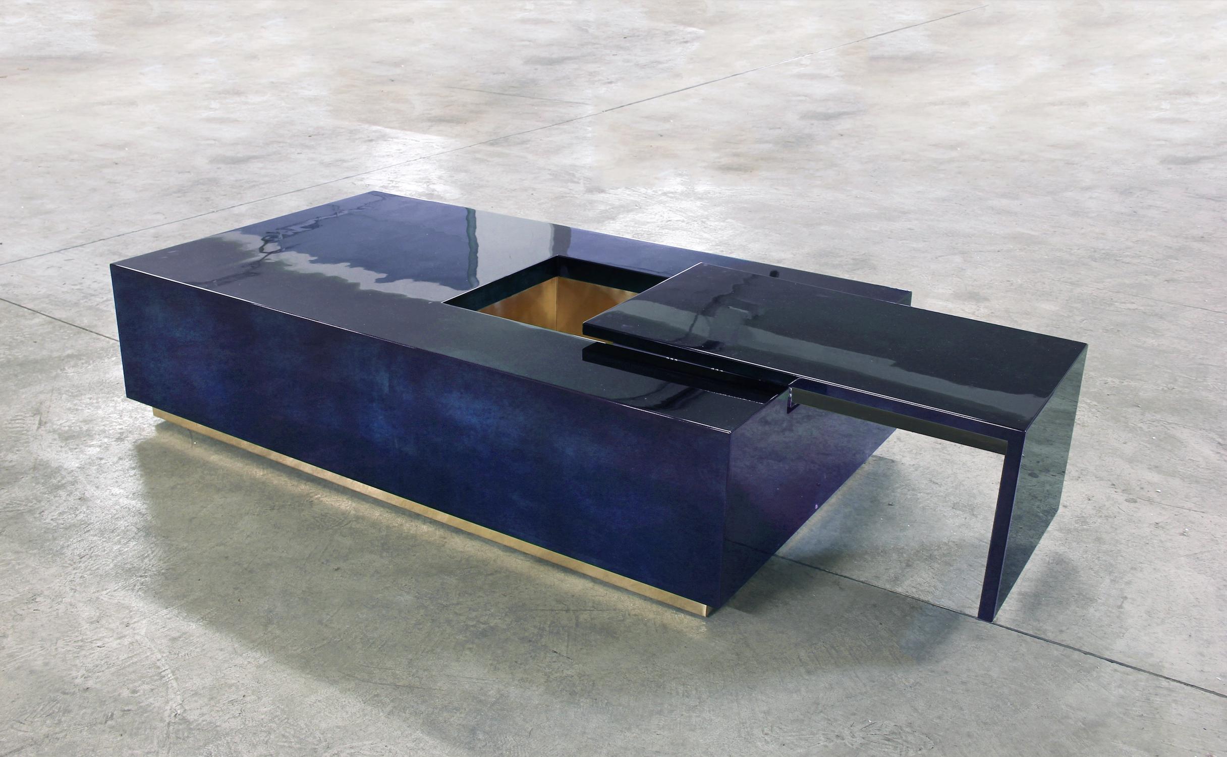 Hand-Crafted Coffee Table Bar in Lapis Blue Parchment Goatskin