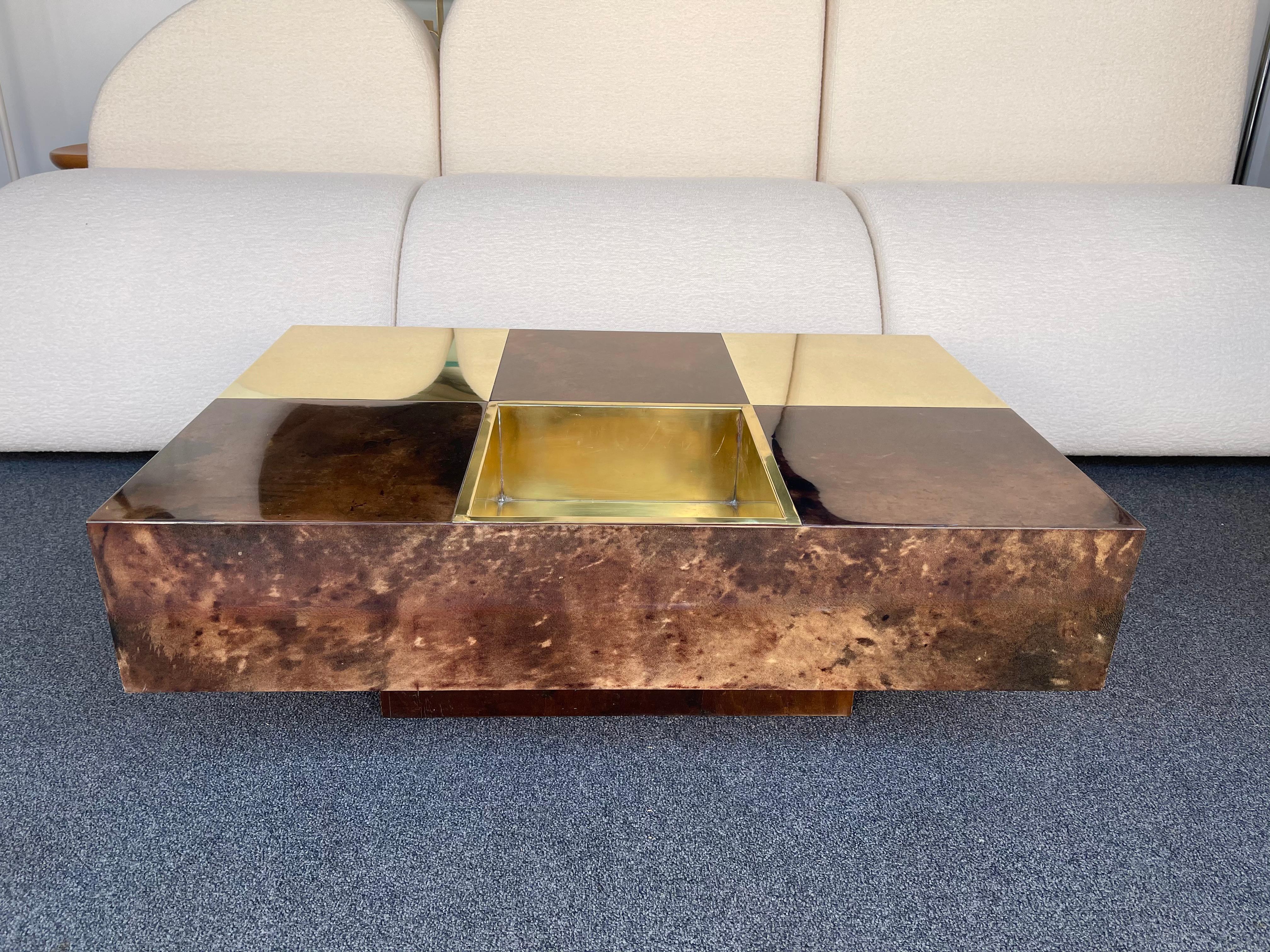 Coffee Table Bar Lacquered Goatskin and Brass by Aldo Tura, Italy, 1970s 6