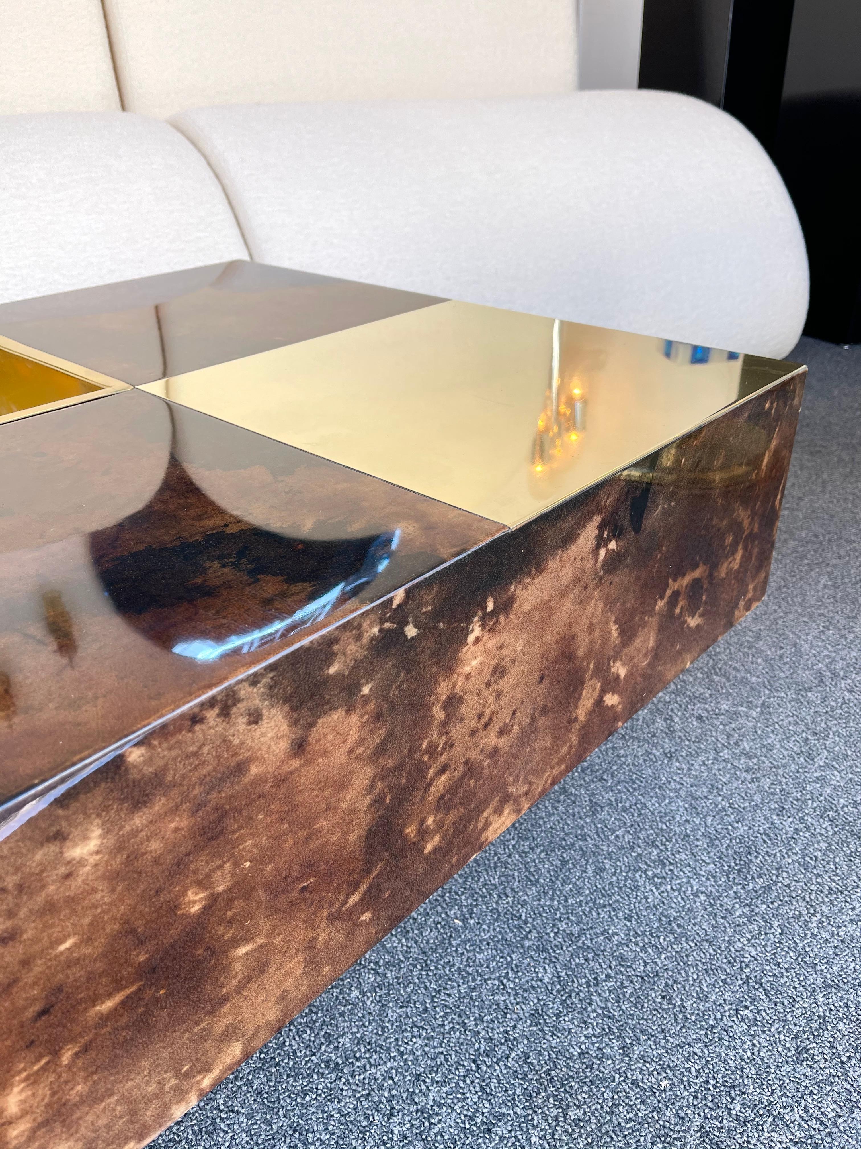 Rare coffee cocktail low table bar in lacquered goatskin parchment and brass by Aldo Tura.