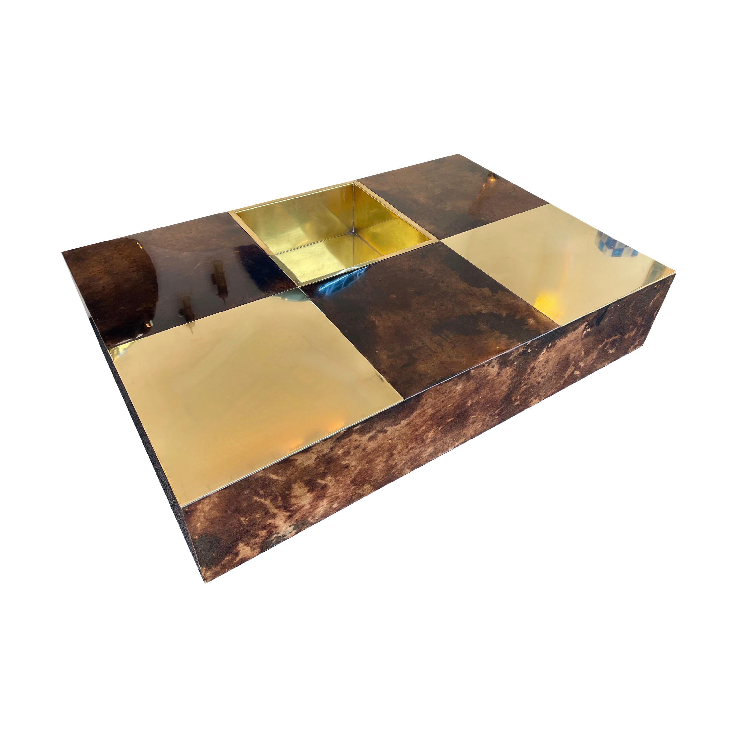 Coffee Table Bar Lacquered Goatskin and Brass by Aldo Tura, Italy, 1970s