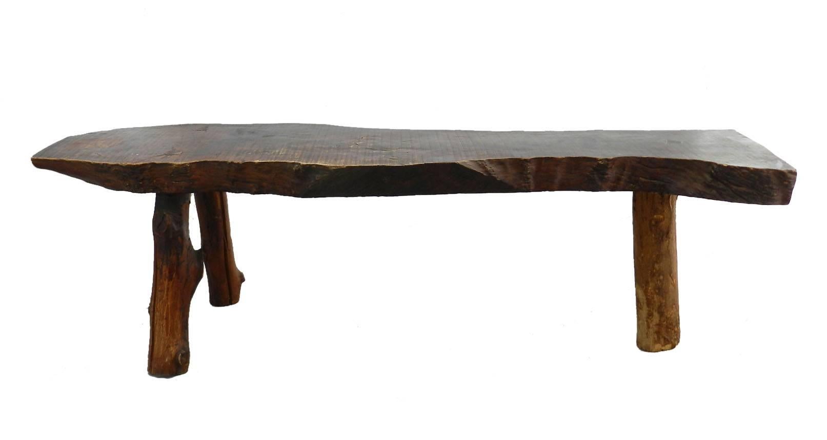 Coffee table bench
Vintage rough hewn edge rustic
Live edge
Free-form slab Nakashima style
Handmade French Folk Art shed art
Good vintage condition heavy, sound and solid
The underside has drilled holes and the wood has been treated as a