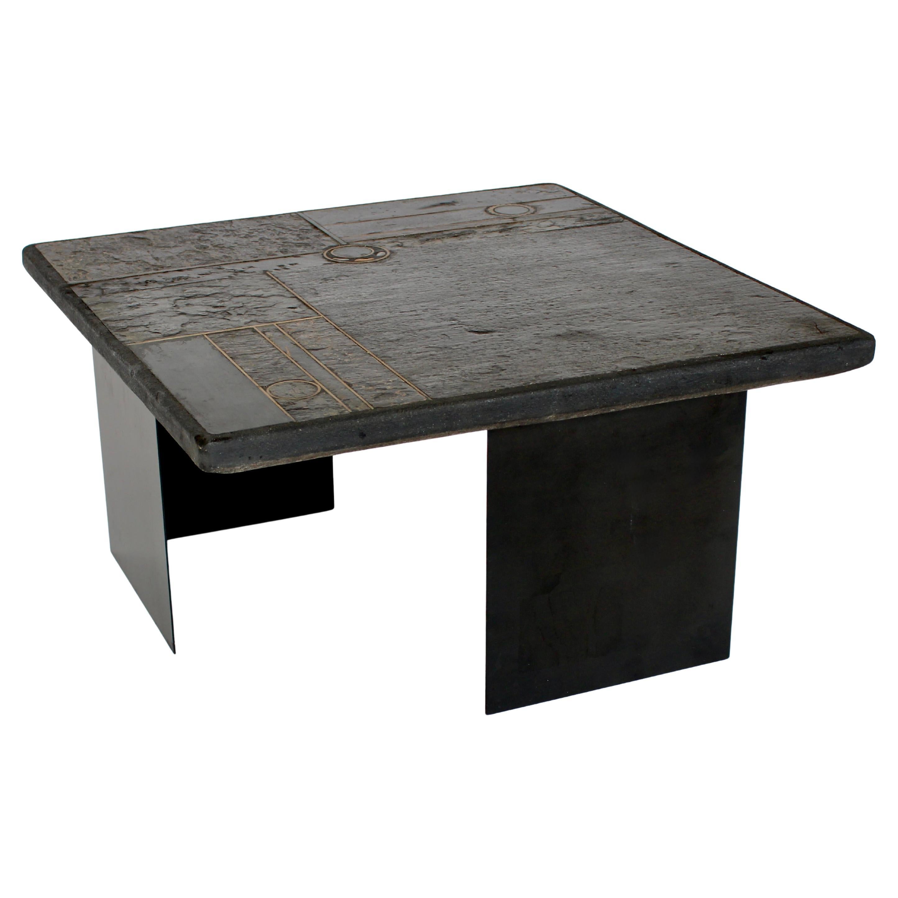 Mid-Century Modern Coffee Table Black Belgian Slate and Marble with Brass Attributed to Paul Kingma