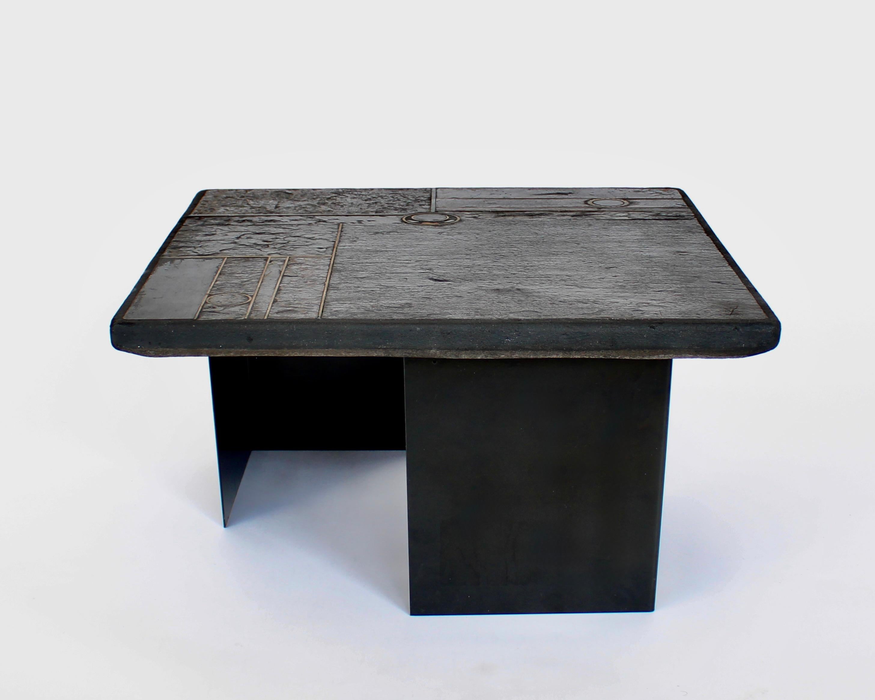 Dutch Coffee Table Black Belgian Slate and Marble with Brass Attributed to Paul Kingma