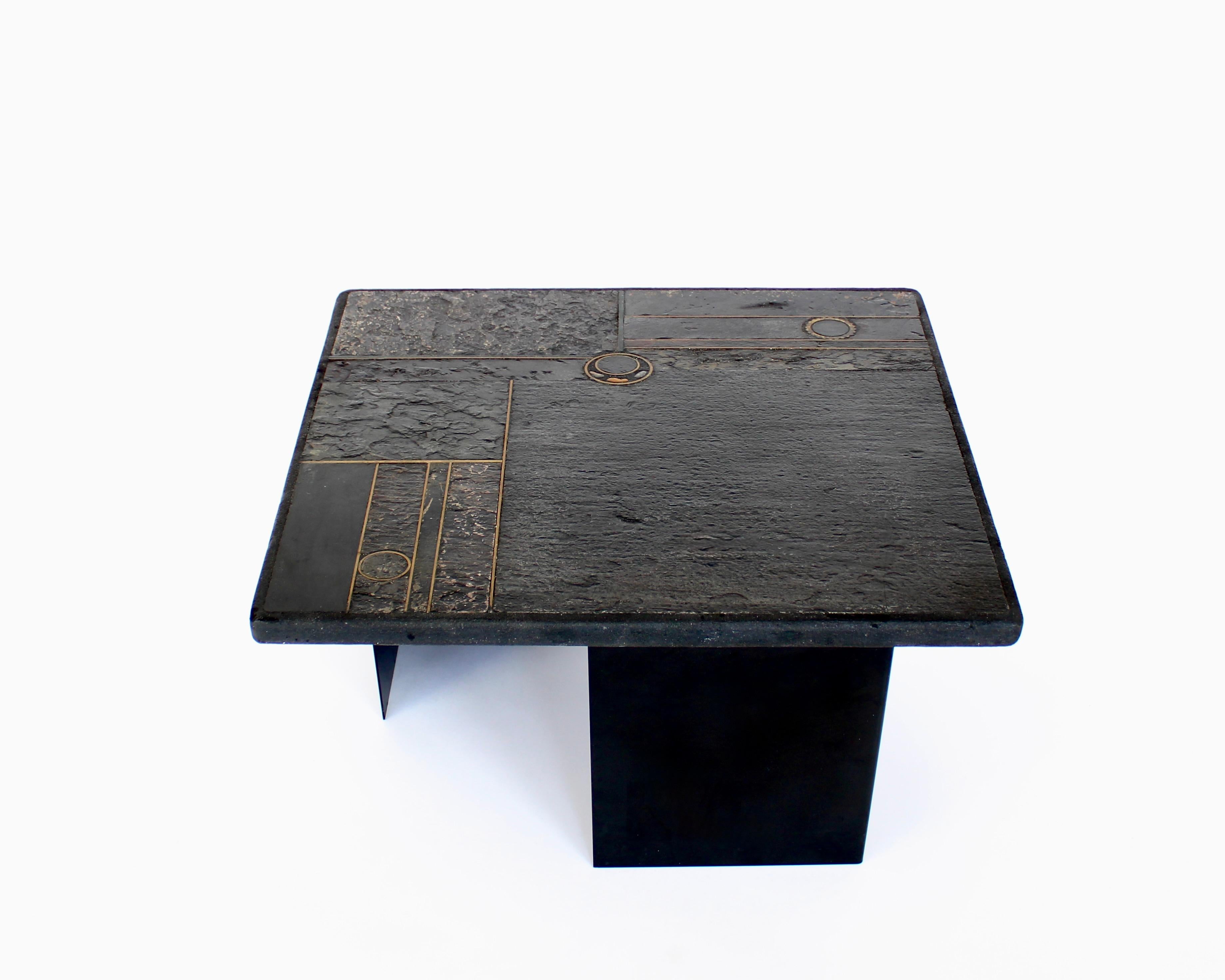 20th Century Coffee Table Black Belgian Slate and Marble with Brass Attributed to Paul Kingma
