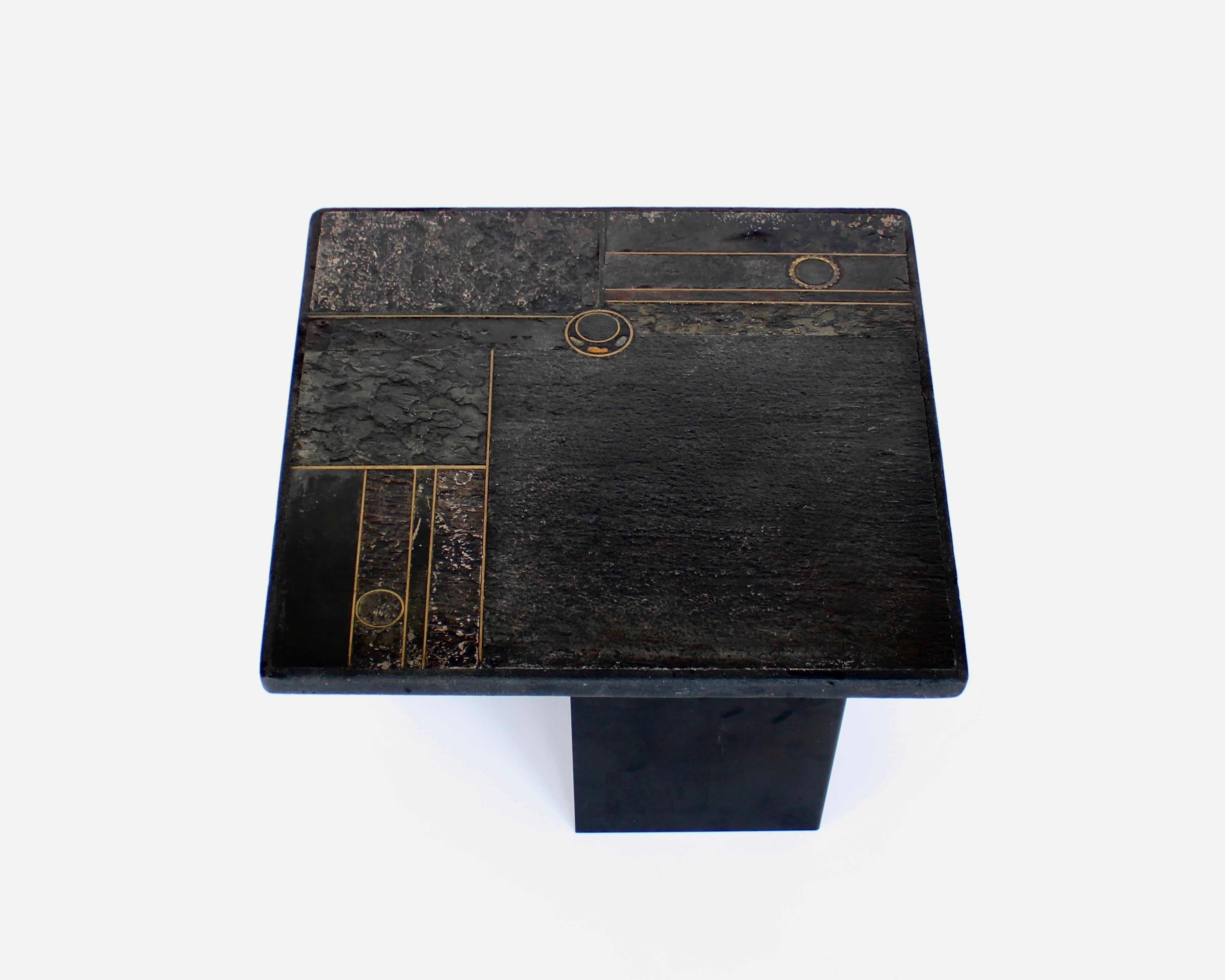 Coffee Table Black Belgian Slate and Marble with Brass Attributed to Paul Kingma 1