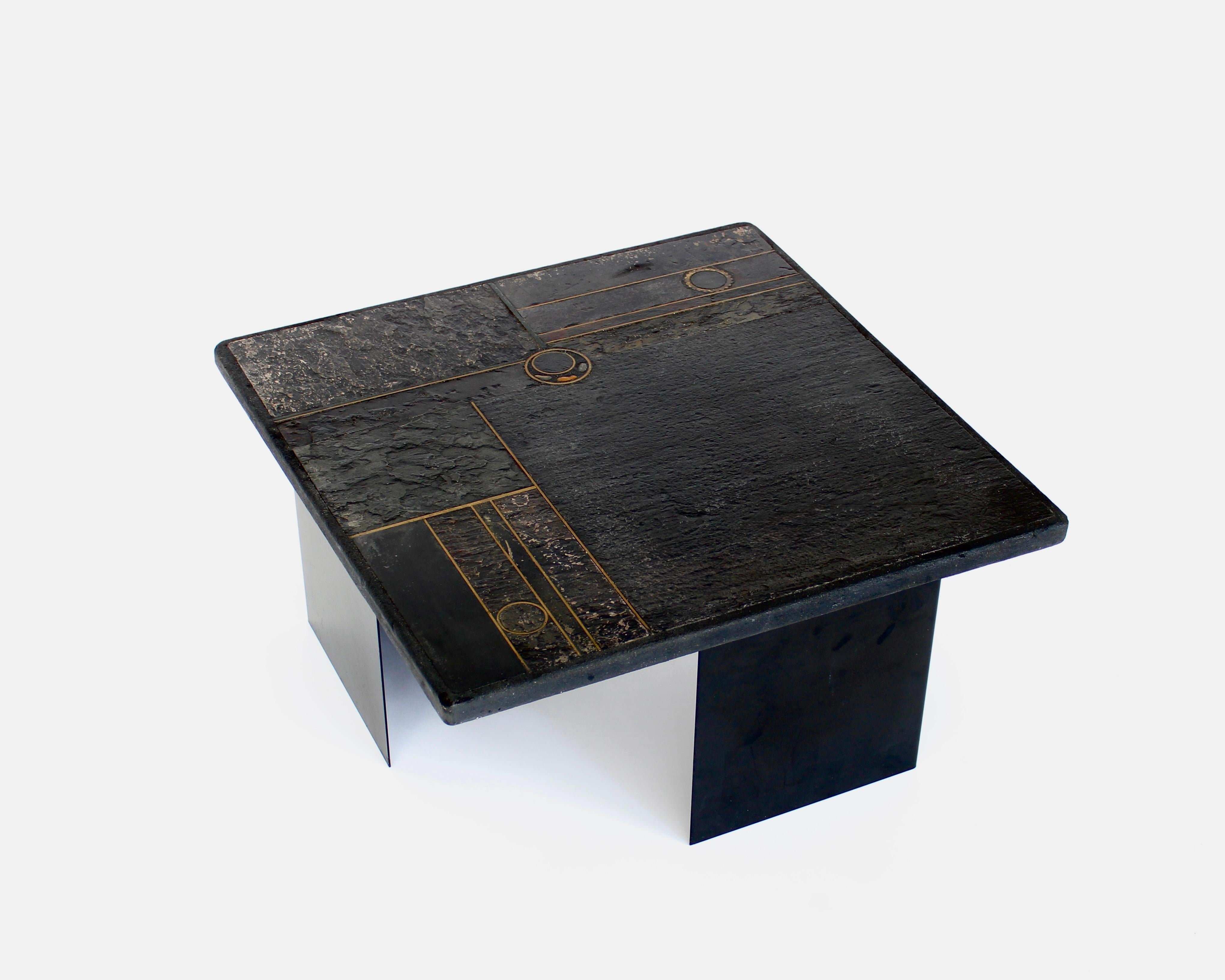 Coffee Table Black Belgian Slate and Marble with Brass Attributed to Paul Kingma 3