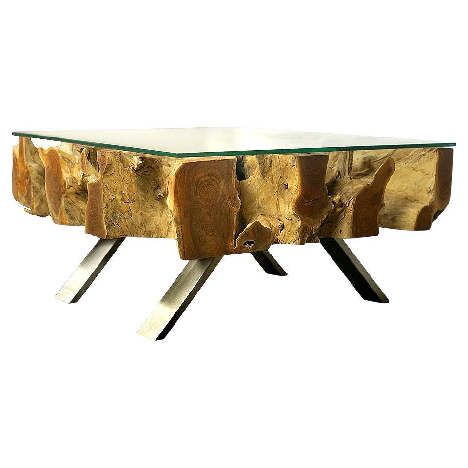 Table basse "Blora", bois de racine avec pieds en acier inoxydable et verre trempé