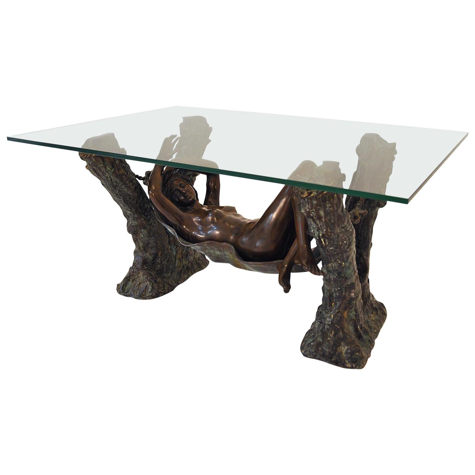 Coffee Table Bronze with Nude Female France Sculpural Table