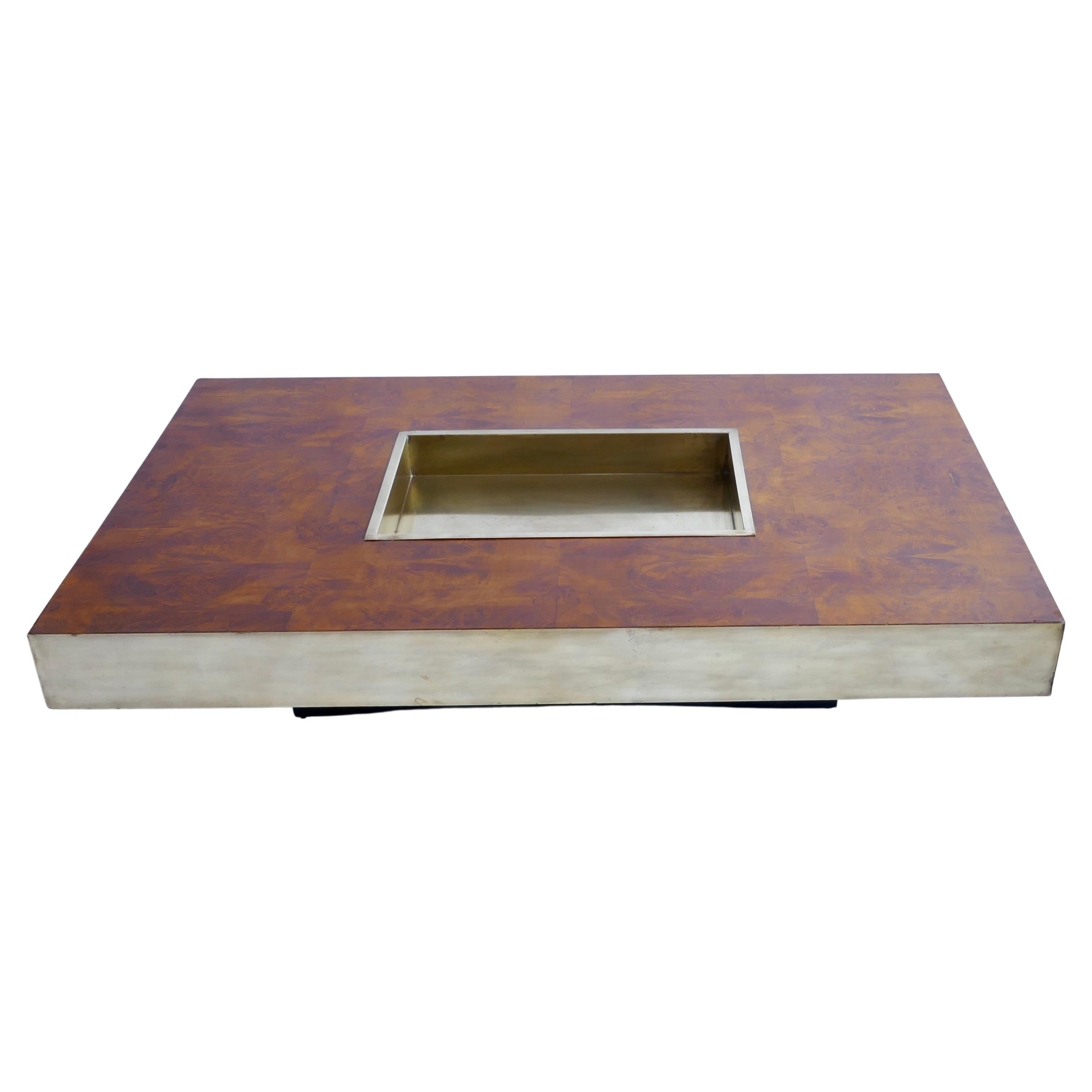 Coffee Table Burl Veneer and Brass by Willy Rizzo, Italy, 1970s