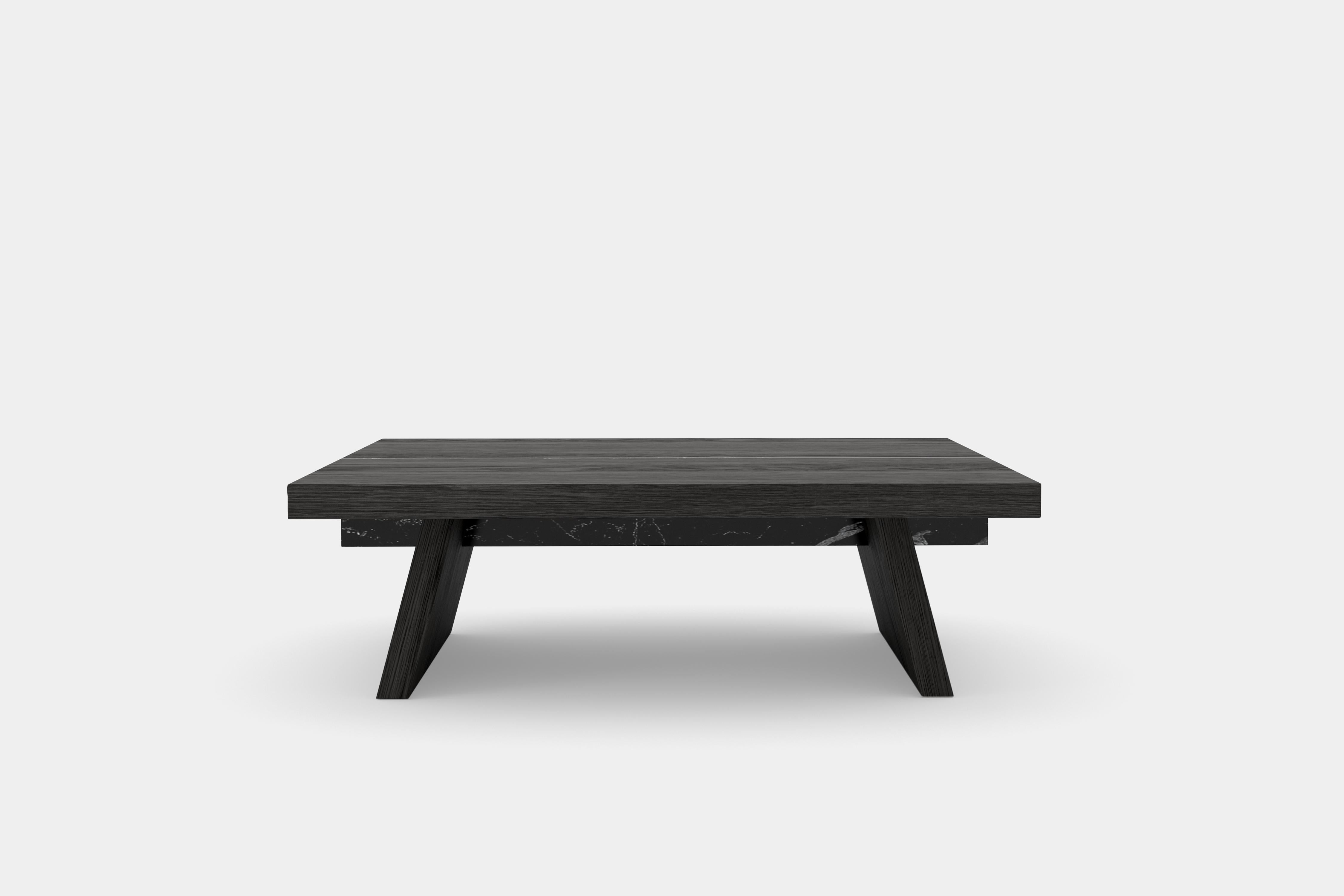 Burnished Laws of Motion Square Coffee Table in Black Solid Wood and Marble, Joel Escalona For Sale