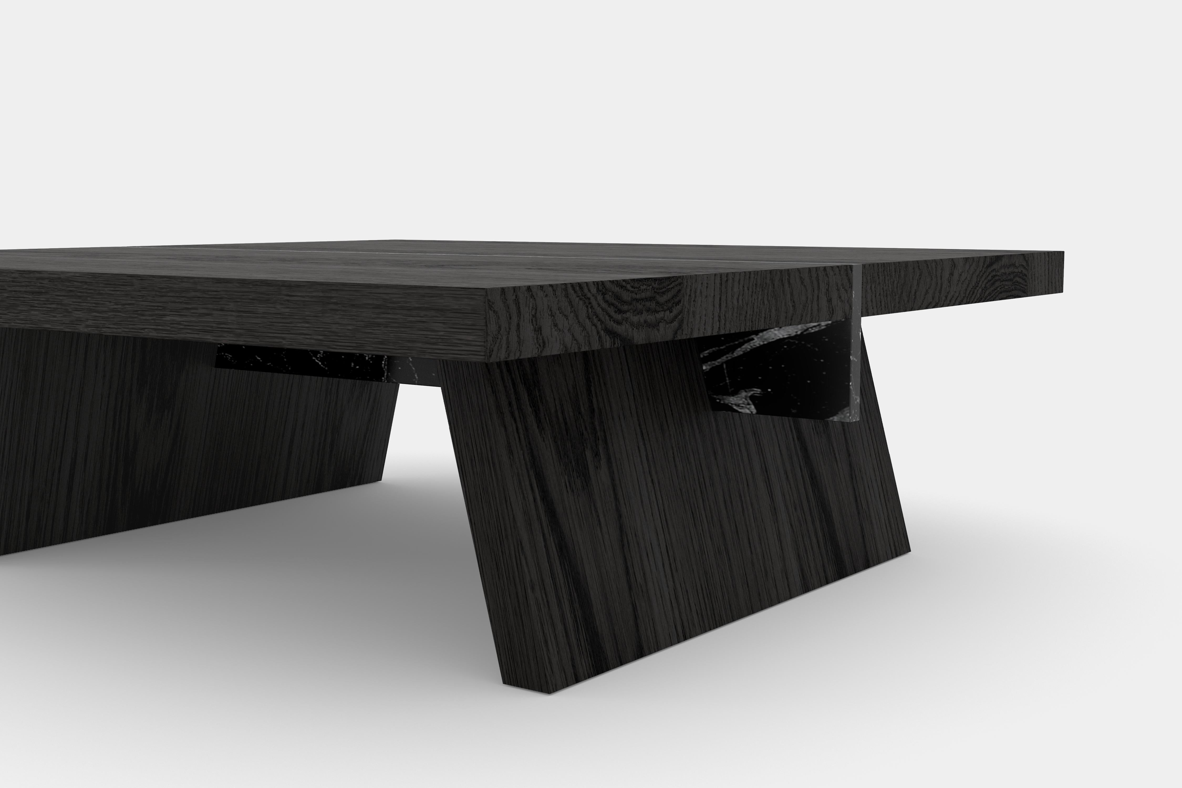 Mexican Laws of Motion Square Coffee Table in Black Solid Wood and Marble, Joel Escalona For Sale