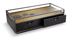 Coffee Table Burnished Brass Finish Structure Drawers Decorated Gold Mosaic Leaf