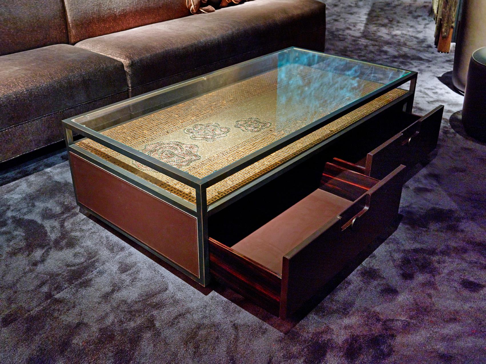 Romantic Coffee Table Burnished Brass Finish Structure Drawers Decorated Gold Mosaic Leaf For Sale