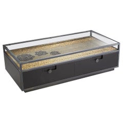 Coffee Table Burnished Brass Finish Structure Drawers Decorated Gold Mosaic Leaf
