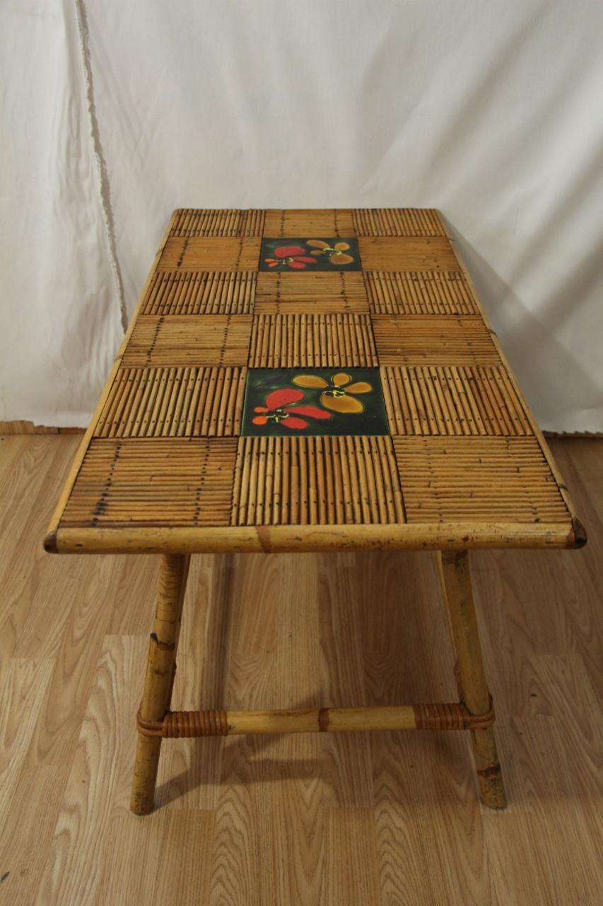 Couchtisch von Audoux Minet in Rattan und Keramik aus Vallauris Jahr 60er Jahre im Angebot 2