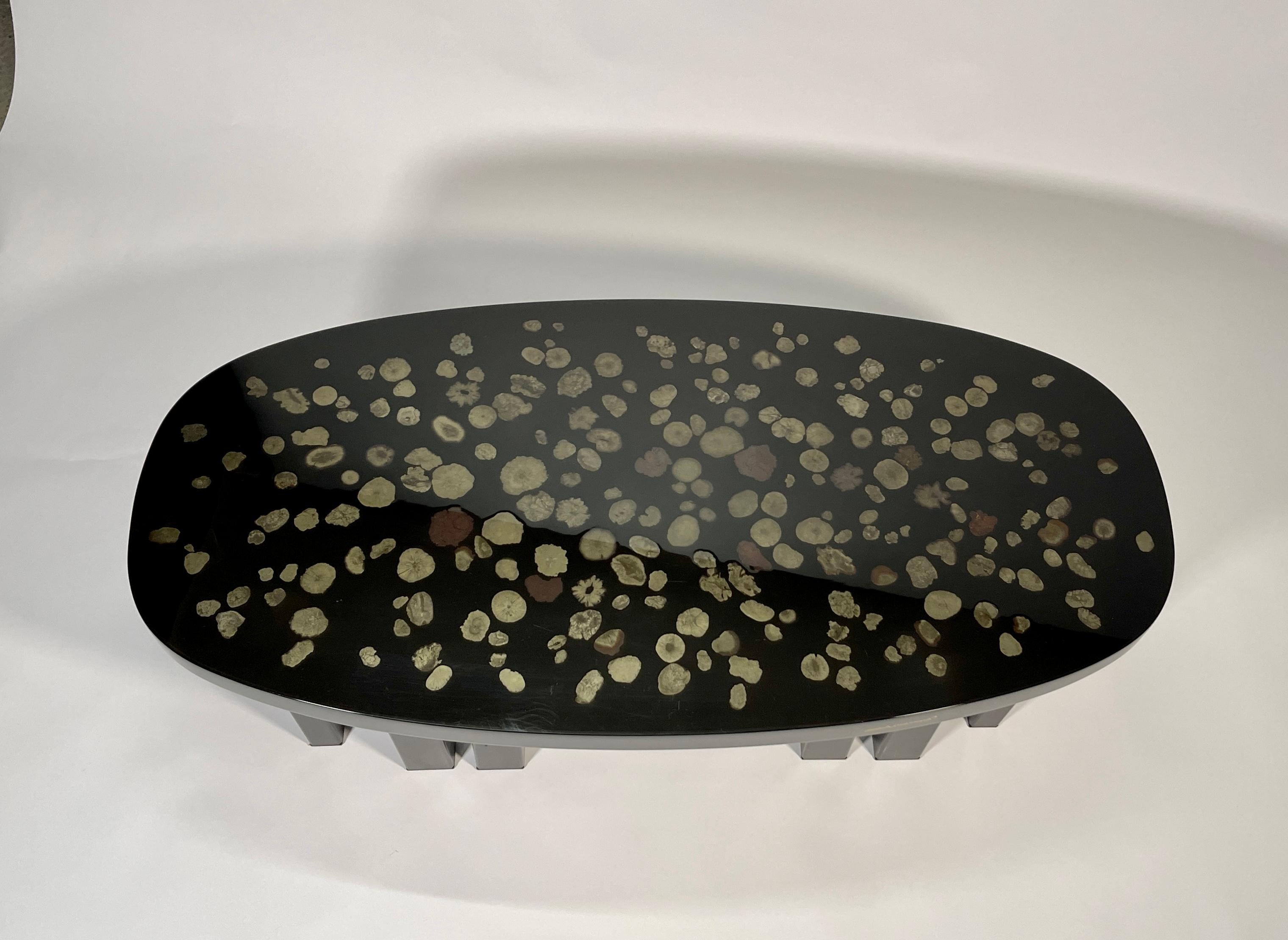 Coffee table by E. Allemeersch black resin and marcassite. Signed by the artist, 
circa 1980. Base in black metal.