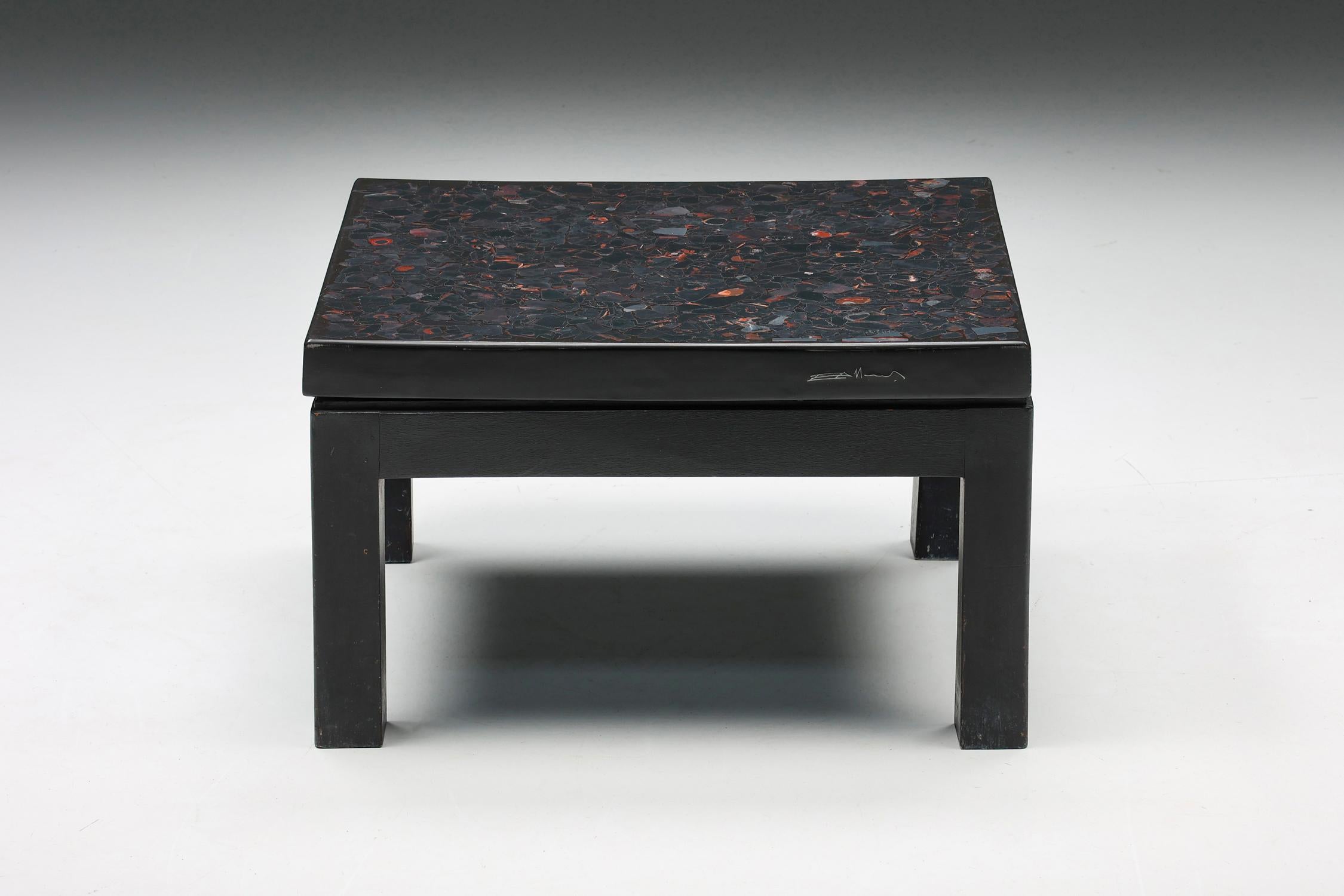 Coffee table by Etienne Allemeersch, Rectangular, with Fossil Inlay, 1970's

This Hollywood regency rectangular coffee table was designed in the Seventies by Etienne Allemeersch, a Belgian artisan. This piece is made of resin with a fossil stone