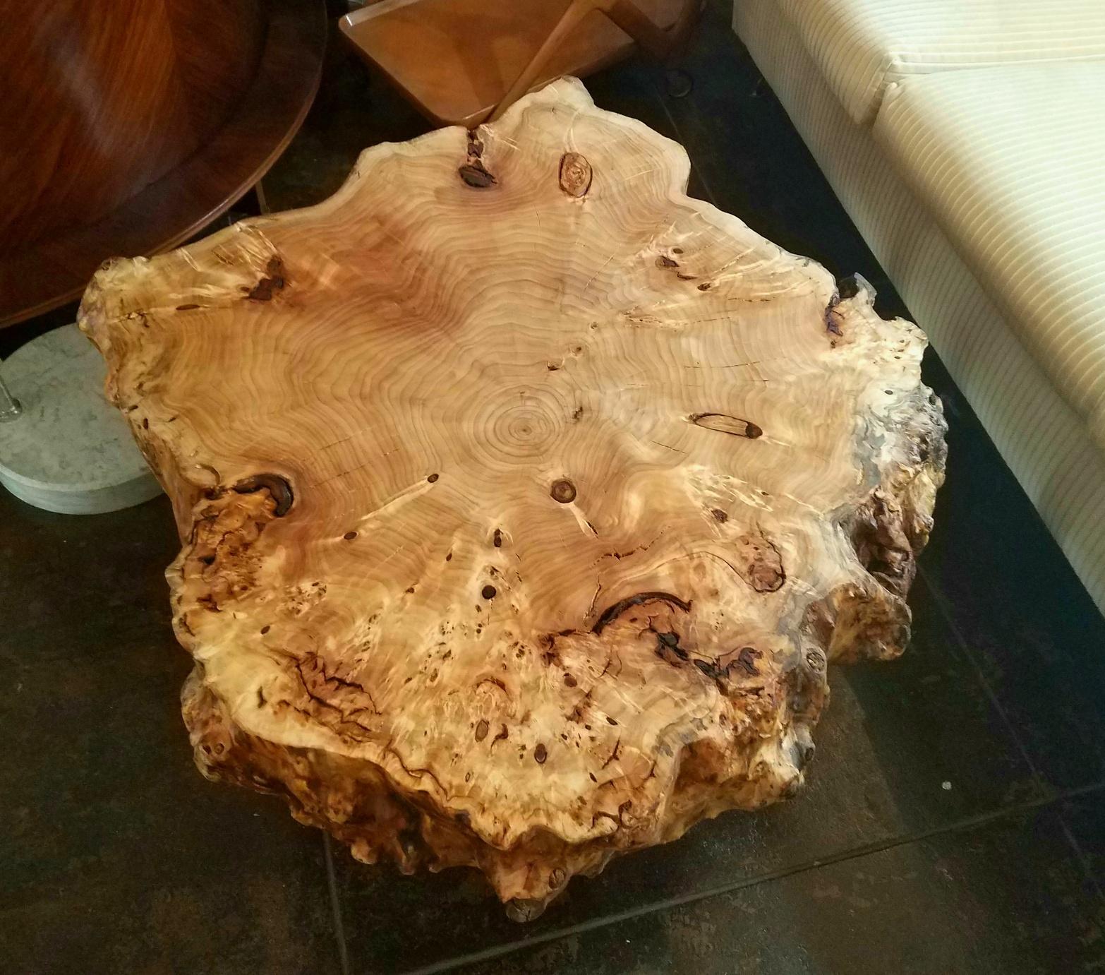 Gimo Fero Italian artist create and made a coffee table inspired by George Nakashima, wood is from fallen or saw long ago tress. Even new constructed may have some irregularities such is variation in grain and some knots slight cracks and large