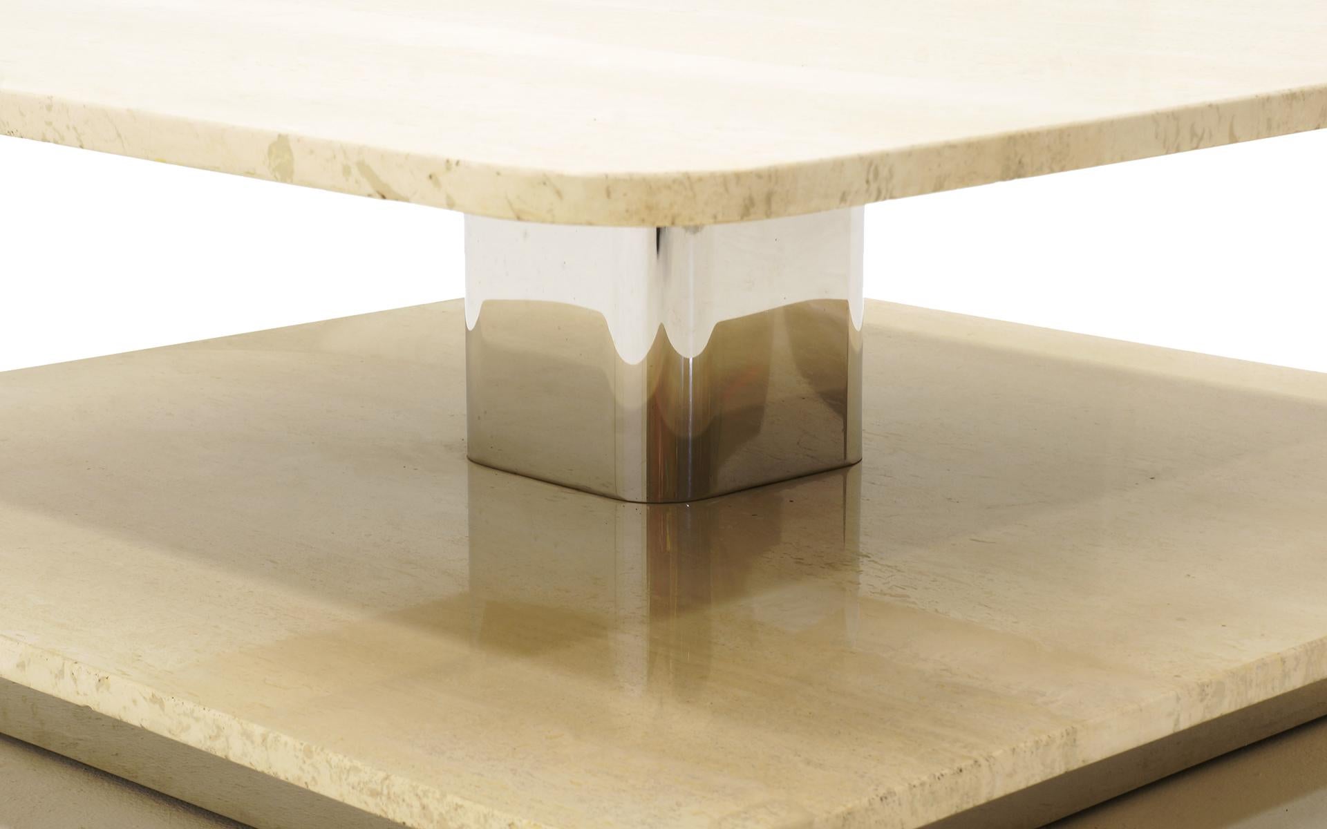 Coffee Table in the Style of Harvey Probber, Two-Tier Square Travertine Tops In Good Condition For Sale In Kansas City, MO