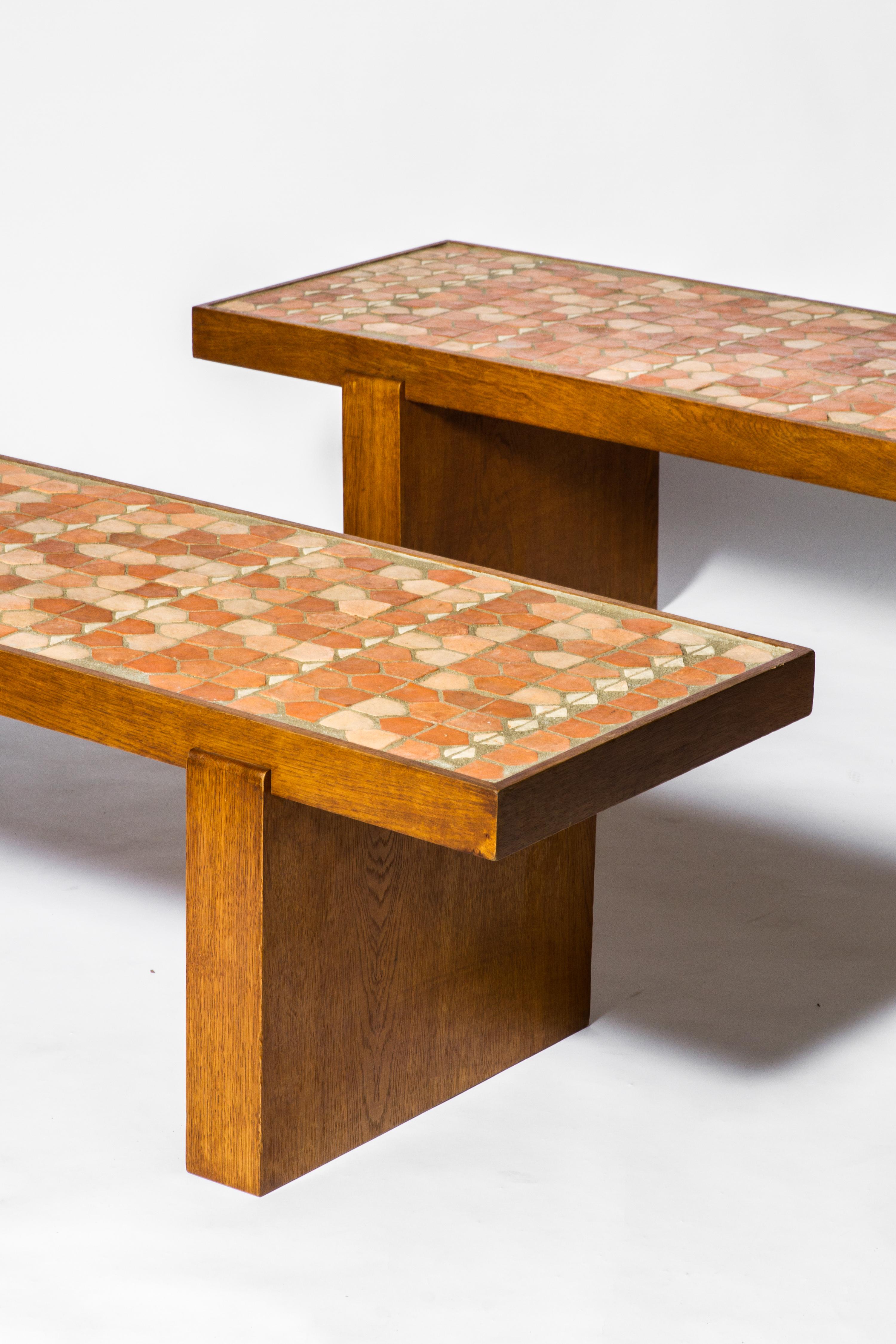 French Coffee Table by Jacques Adnet and Jacques Lenoble with Ceramic Top, circa 1950 For Sale