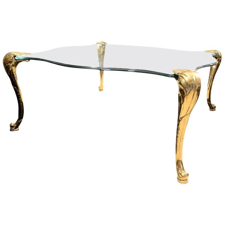 Coffee Table by Maison Jansen, Mid-Century, France, Solid Curvy Brass Legs, 1950