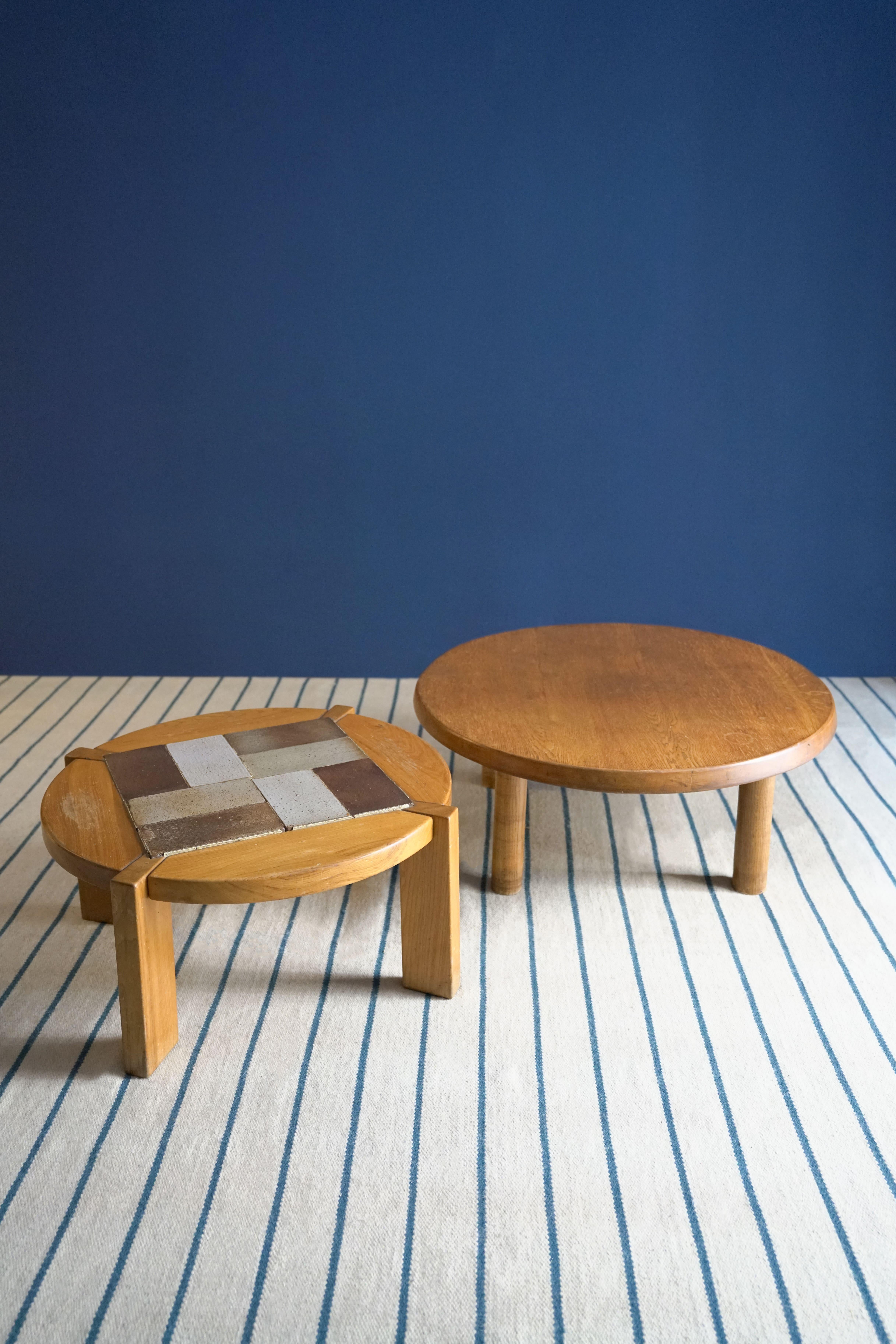 Coffee table in solid elm and vallauris ceramic tile by Maison Regain. 1970s. France.
