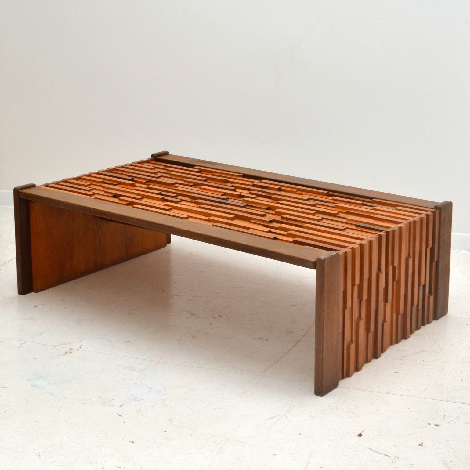 Brutalist Coffee Table by Percival Lafer Brasil Hardwood Relief Top For Sale