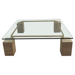 Coffee Table by Piero De Longhi Catalan Italia Travertine Glass and Brass 1980s