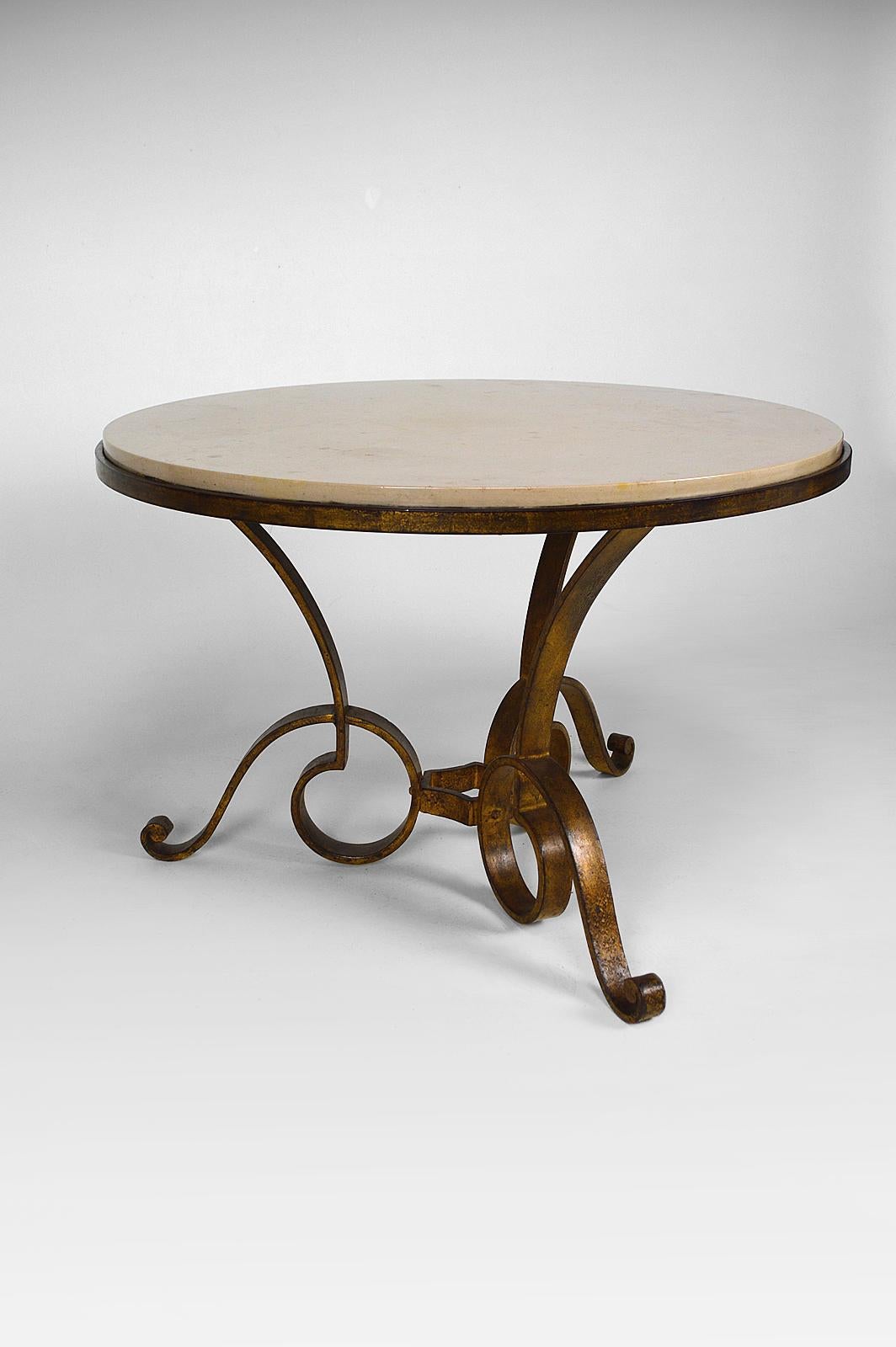 French Coffee Table by Raymond Subes in Marble and Gilded Wrought Iron, circa 1935 For Sale