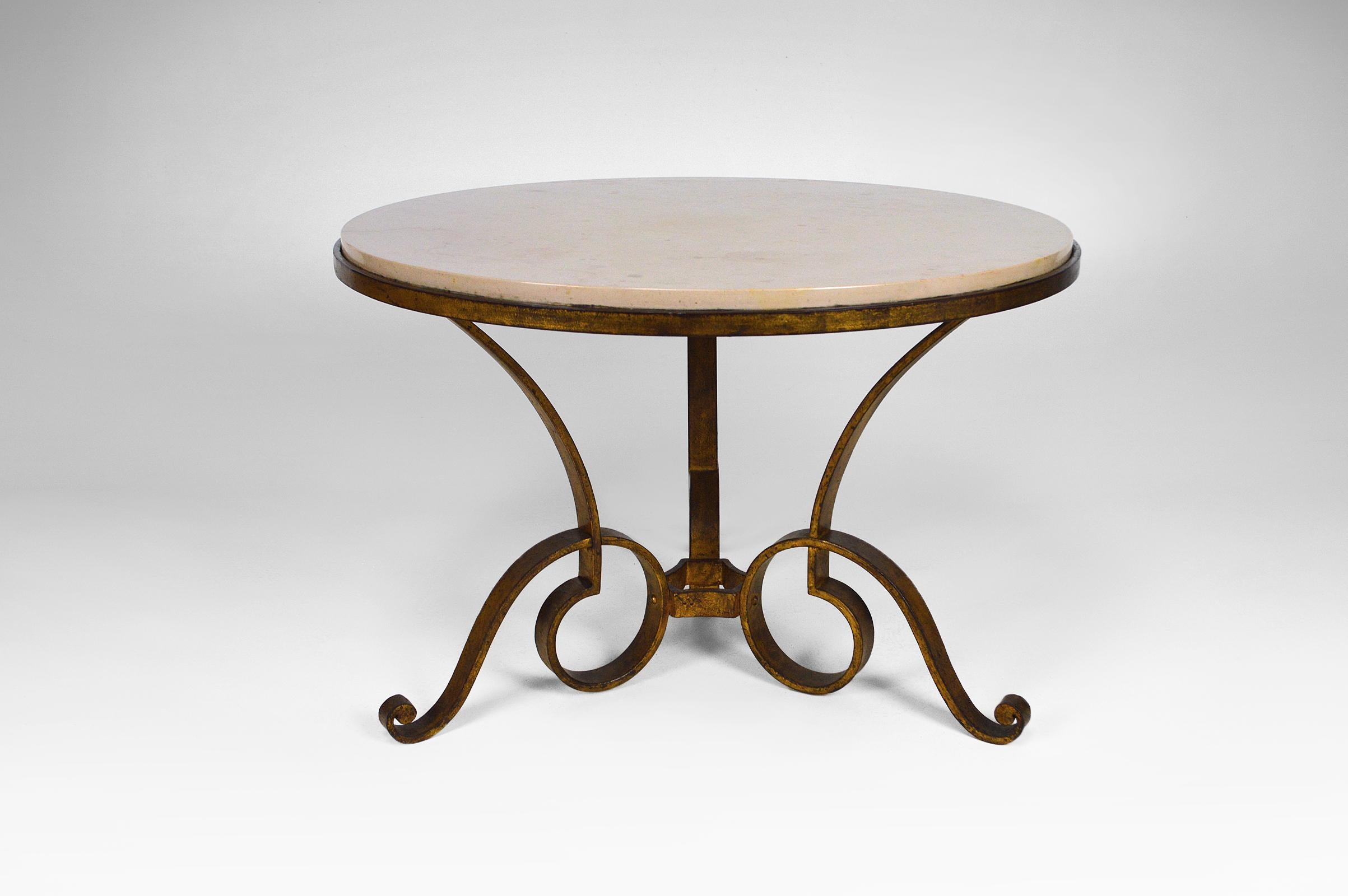 Gilt Coffee Table by Raymond Subes in Marble and Gilded Wrought Iron, circa 1935 For Sale