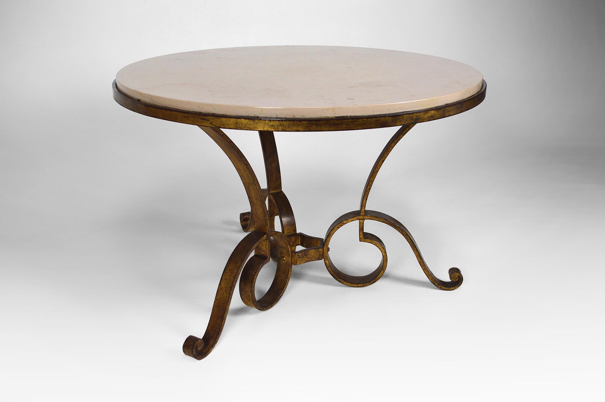 Coffee Table by Raymond Subes in Marble and Gilded Wrought Iron, circa 1935 For Sale 1