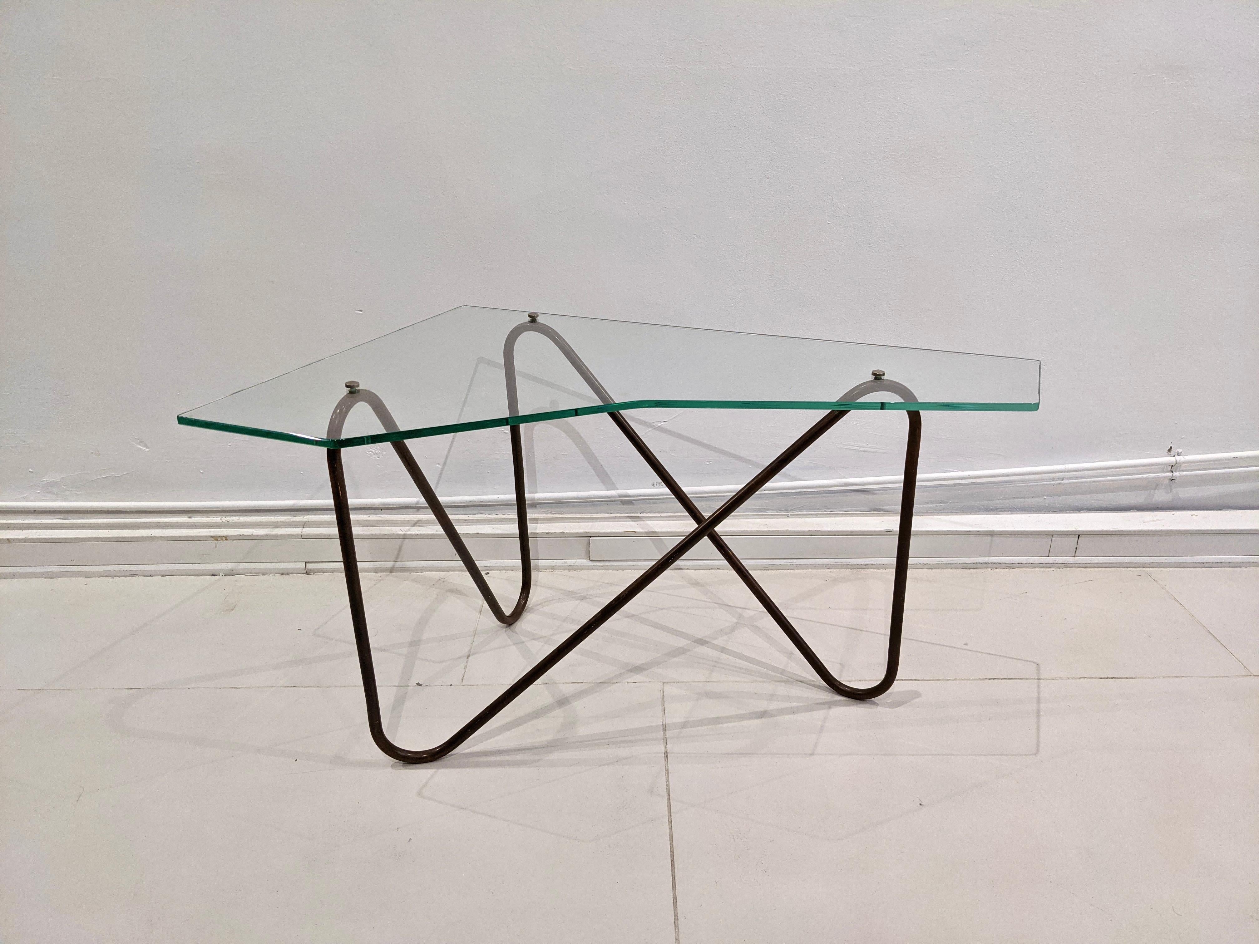 Coffee table in glass by Robert Mathieu. Brass feet. 1970s. Very good condition.
   