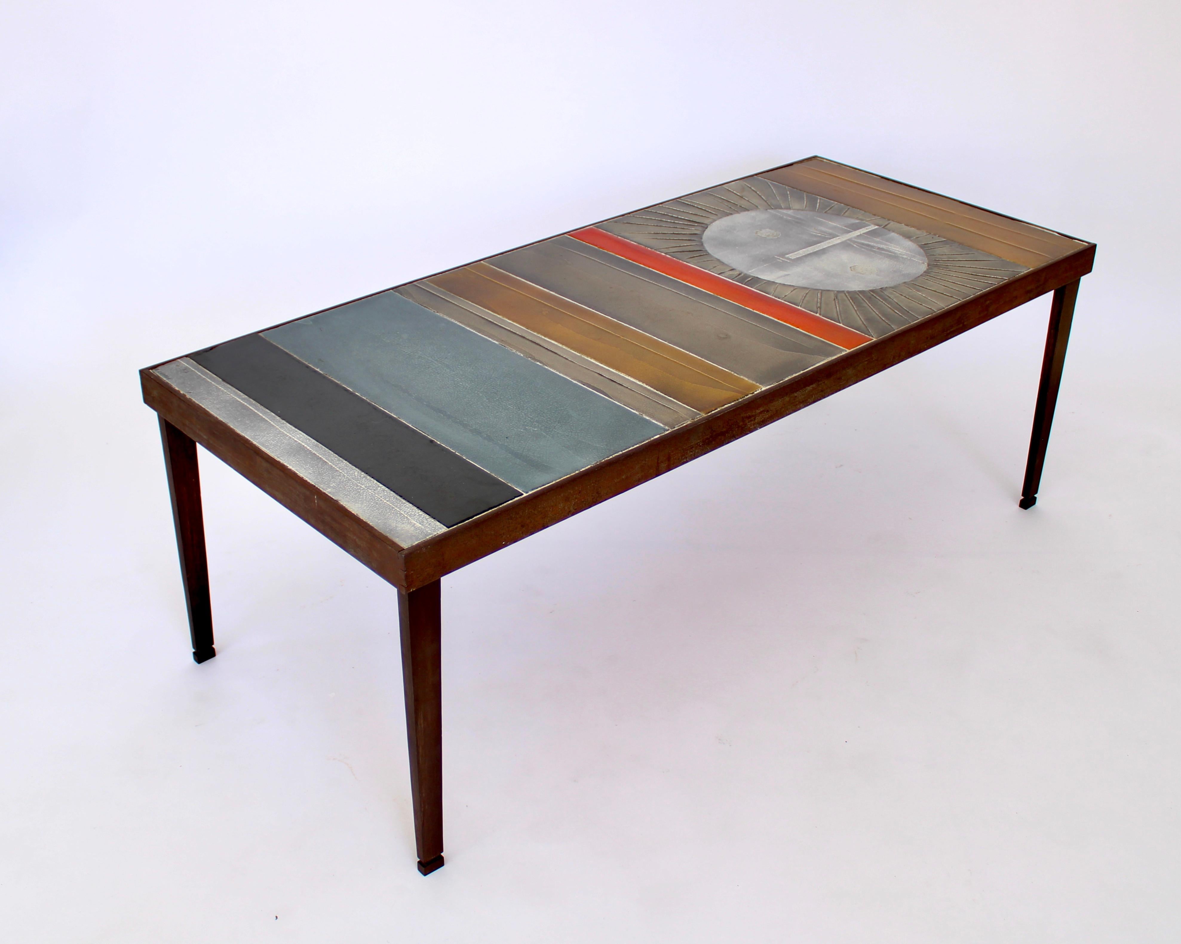 Mid-Century Modern Coffee Table by Roger Capron Ceramic Table au Soleil Sun Motif Vallauris, c 1965