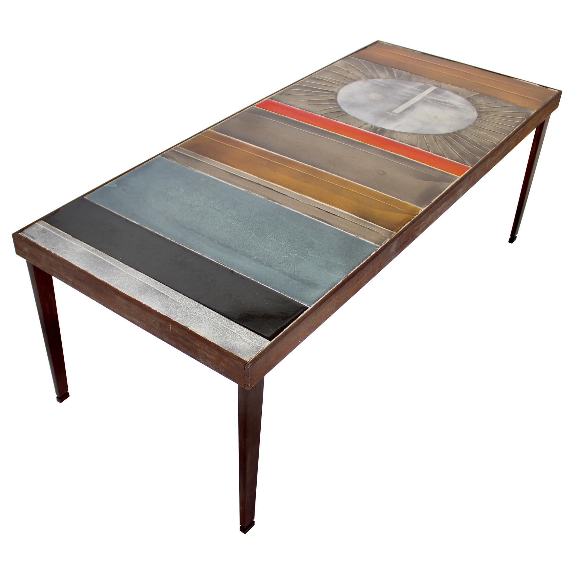 Coffee Table by Roger Capron Ceramic Table au Soleil Sun Motif Vallauris, c 1965