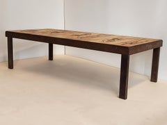 Roger Capron - Table basse, carreaux de céramique Garrigue sur structure métallique en queue d'aronde