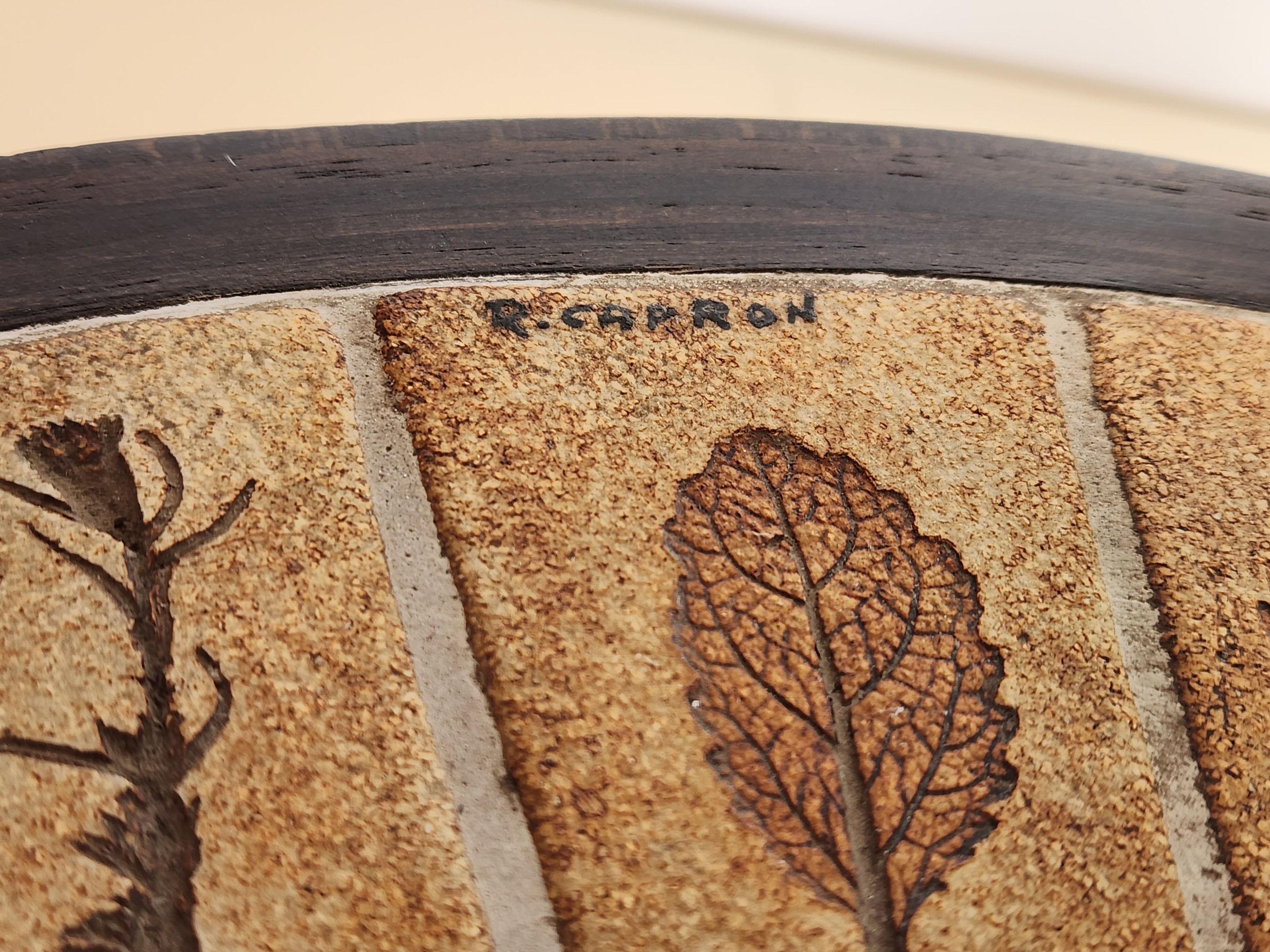 Ceramic Roger Capron - Vintage Round Side Table with Garrigue Tiles on Wood Frame  For Sale