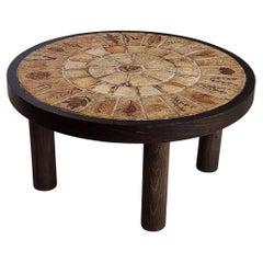 Vintage Round Side Table with Garrigue Tiles on Wood Frame by Roger Capron