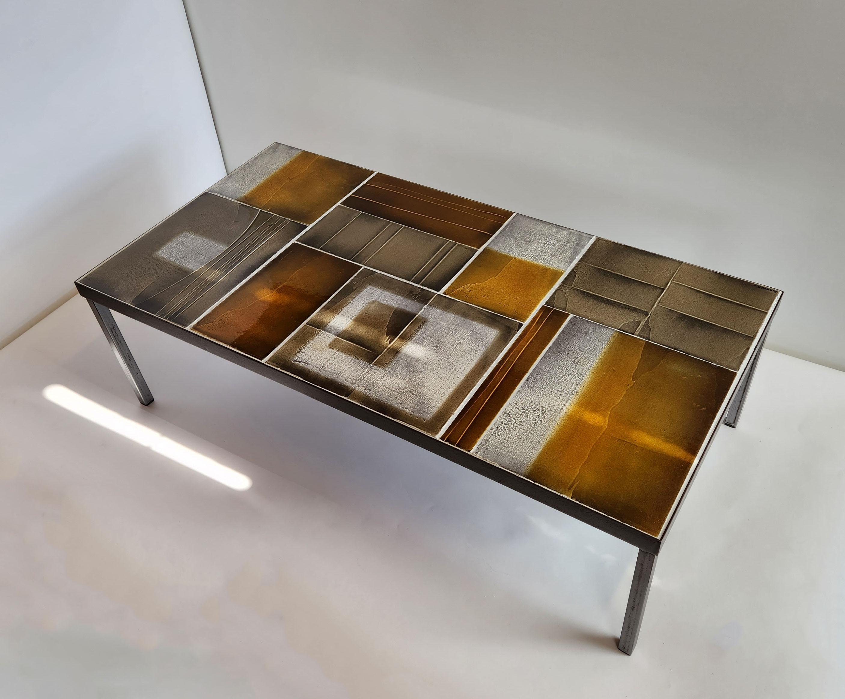 Mid-Century Modern Roger Capron - 1970's Coffee Table with Lava Tiles Series on a Metal Frame  For Sale