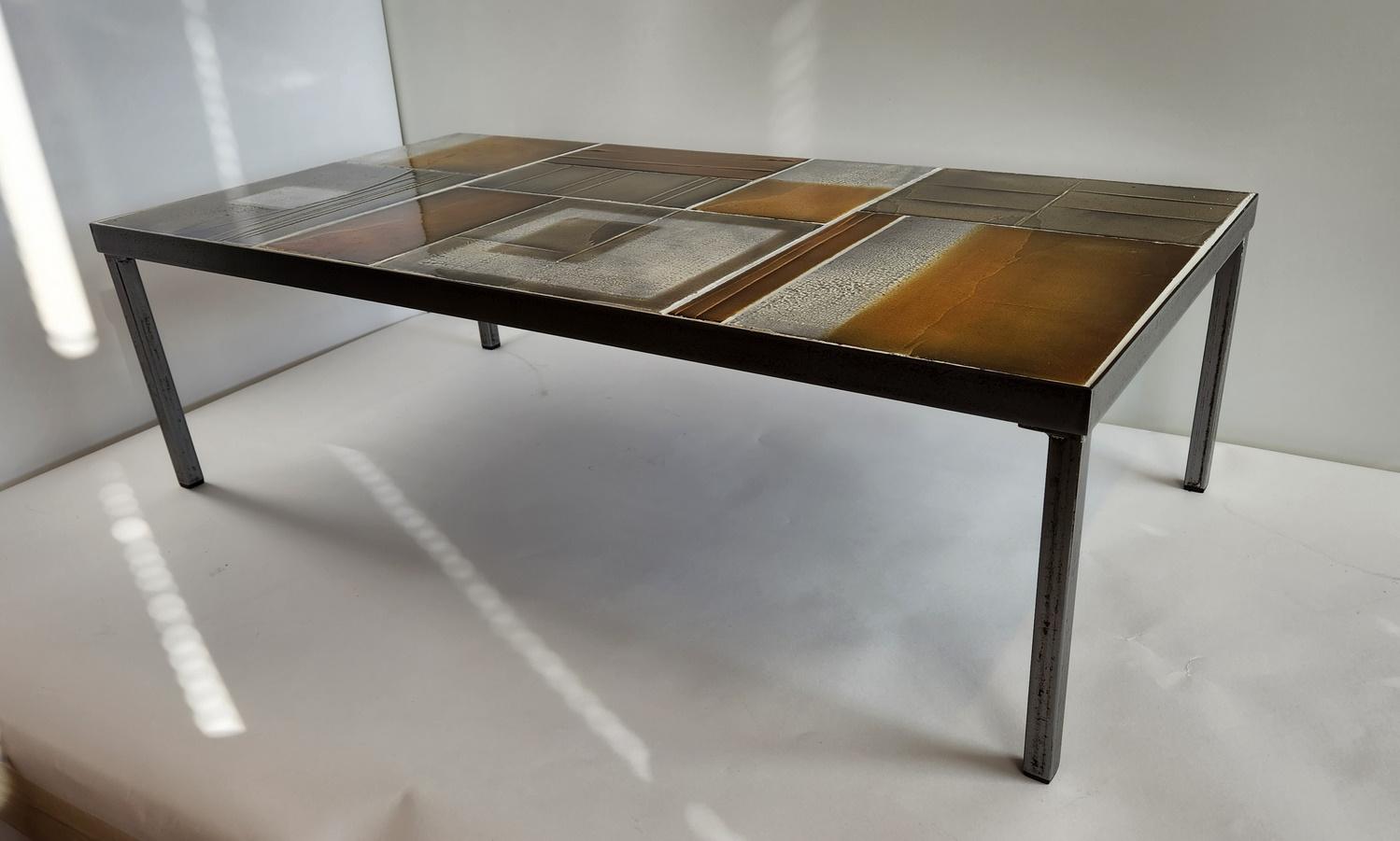 French Roger Capron - 1970's Coffee Table with Lava Tiles Series on a Metal Frame  For Sale