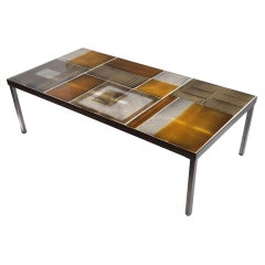 1970's Coffee Table with Lava Tiles Series on a Metal Frame by Roger Capron