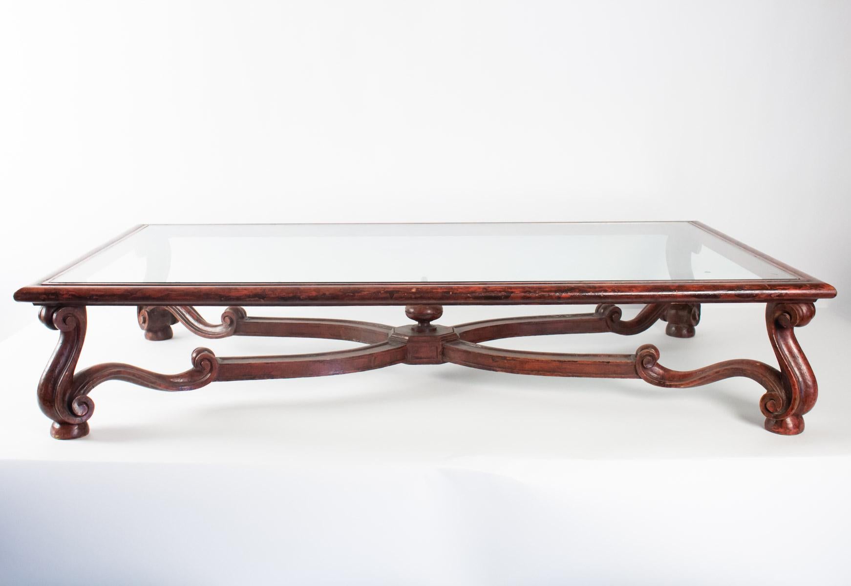 Coffee Table Carved Wood, Antique Red Brown Patina Inspired by Louis XIV Forms (Louis XIV.)